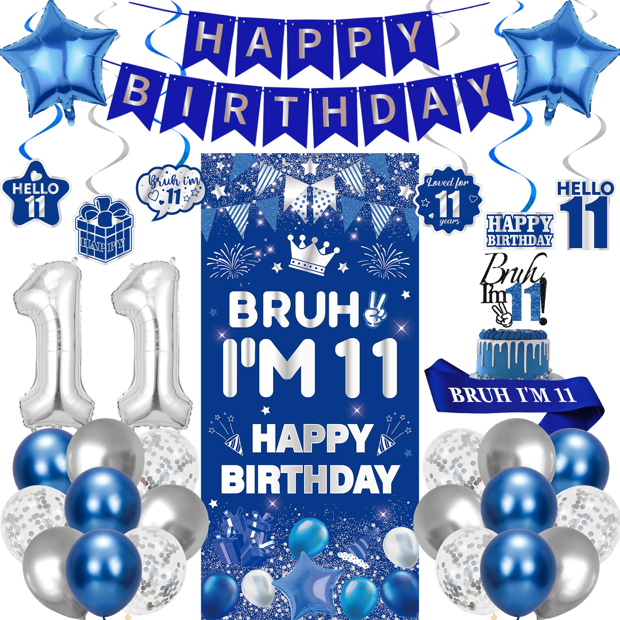 11th Birthday Decorations Balloons Banner - 32 Pcs Blue Silver Bruh I'm 11 Banner Number 11 Foil Balloon Hanging Swirls Cake Topper Sash for Boys Girls Happy Eleven Years Old Bday Supplies Decor
