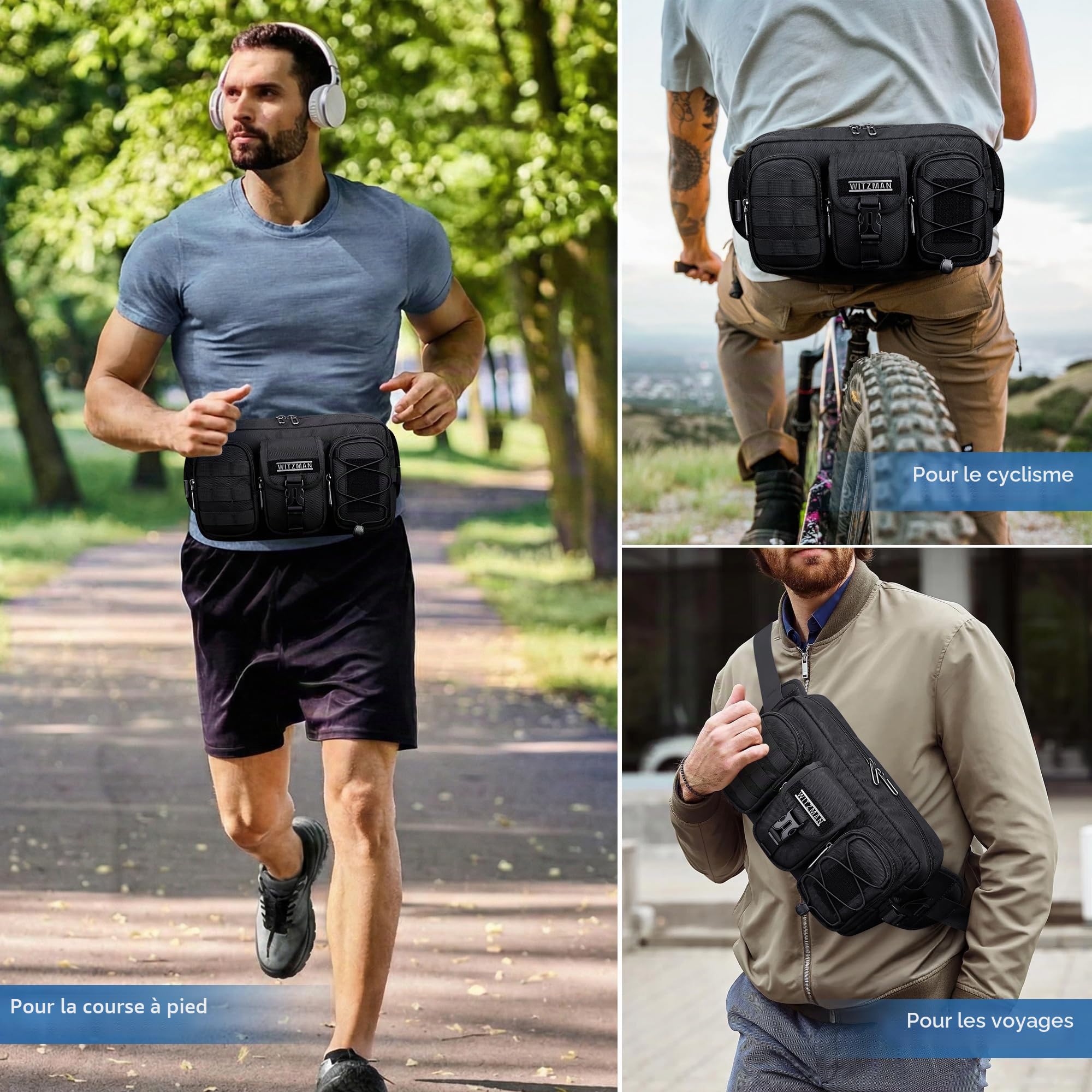 WITZMAN Sac banane pour homme, sac banane tendance avec fermeture éclair, avec plusieurs poches pour voyager, marche quotidienne, Noir