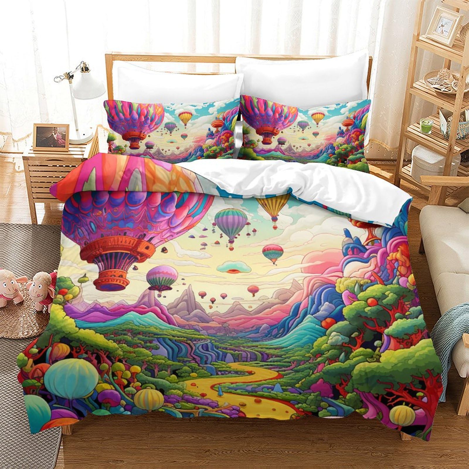 Housse de couette 3 pièces super king motif ballon à air chaud housse couette doux 260x220