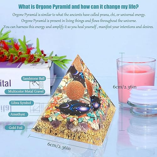 Miniatura 2 de Pirámide de cristal, amatista con piedra arenisca zodiacal pirámide de orgón Libra, cristal curativo, cristal de orgonita de energía positiva para