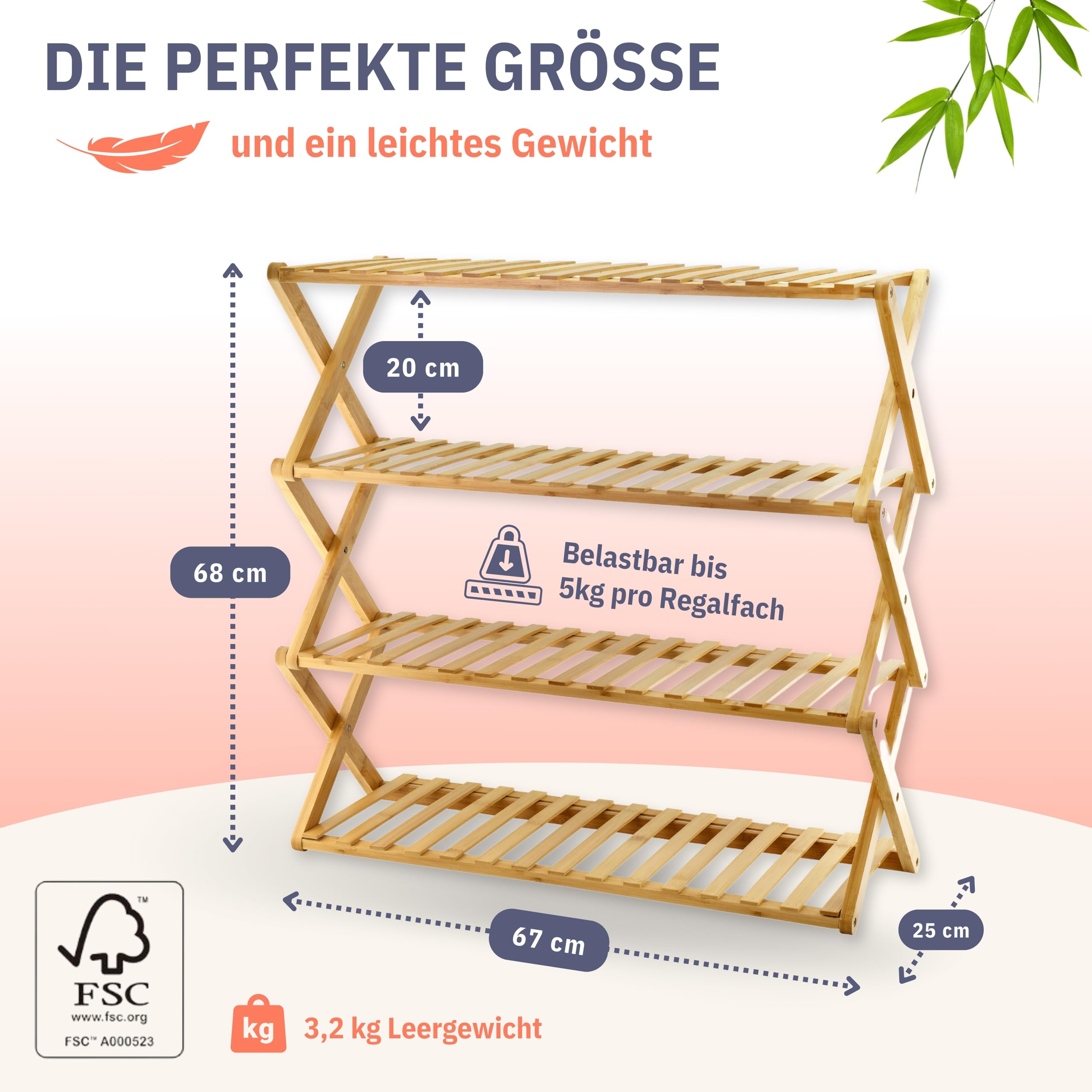 Felino® Schuhregal Schuhablage Organizer aus Bambus Holz offen | 70cm lang | Schuhorganizer offenes Regal klappbar auch für Camping