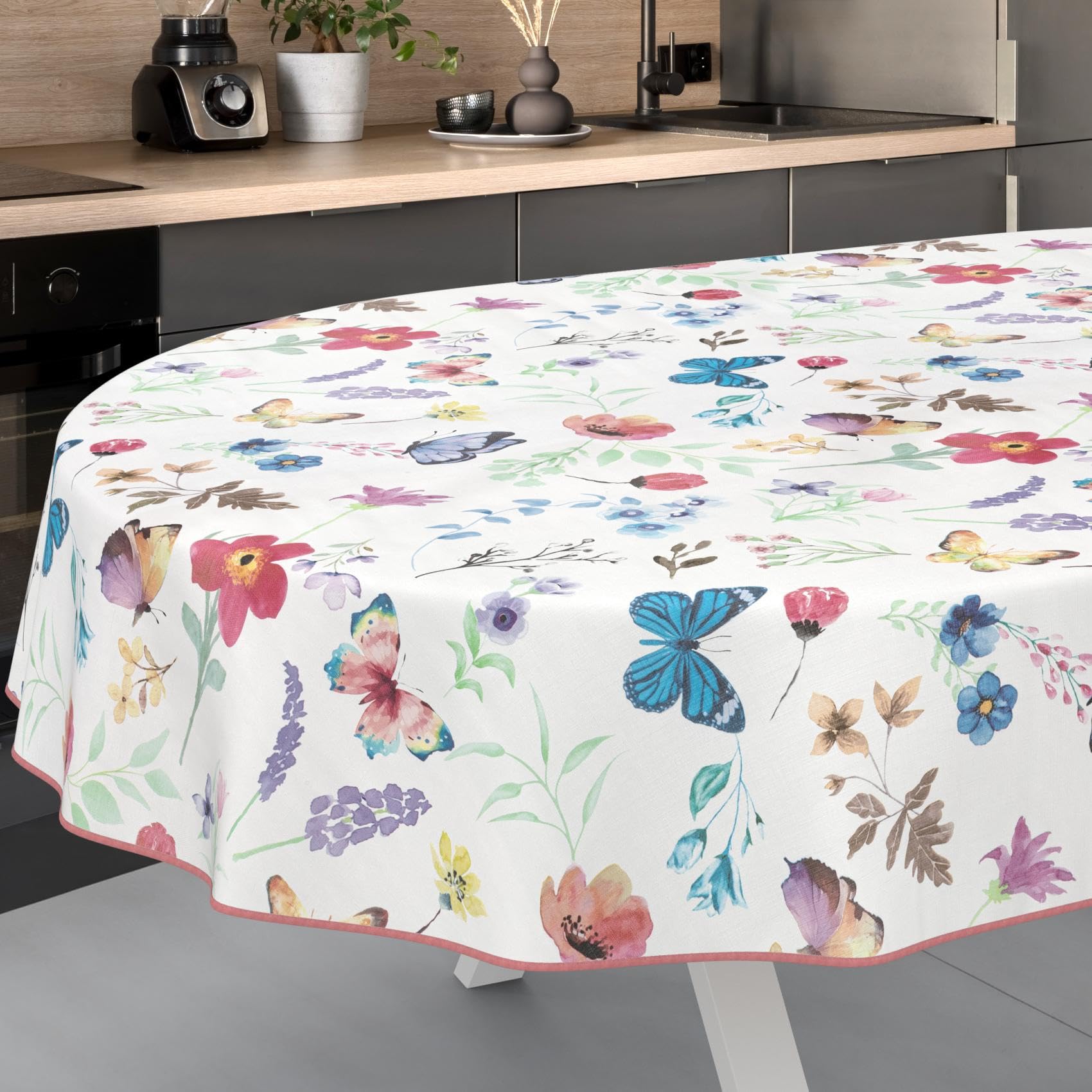 Tovaglia cerata, lavabile, facile da pulire, impermeabile, effetto loto, motivo farfalle, ovale, 160 x 140 cm, con orlo (orlato)