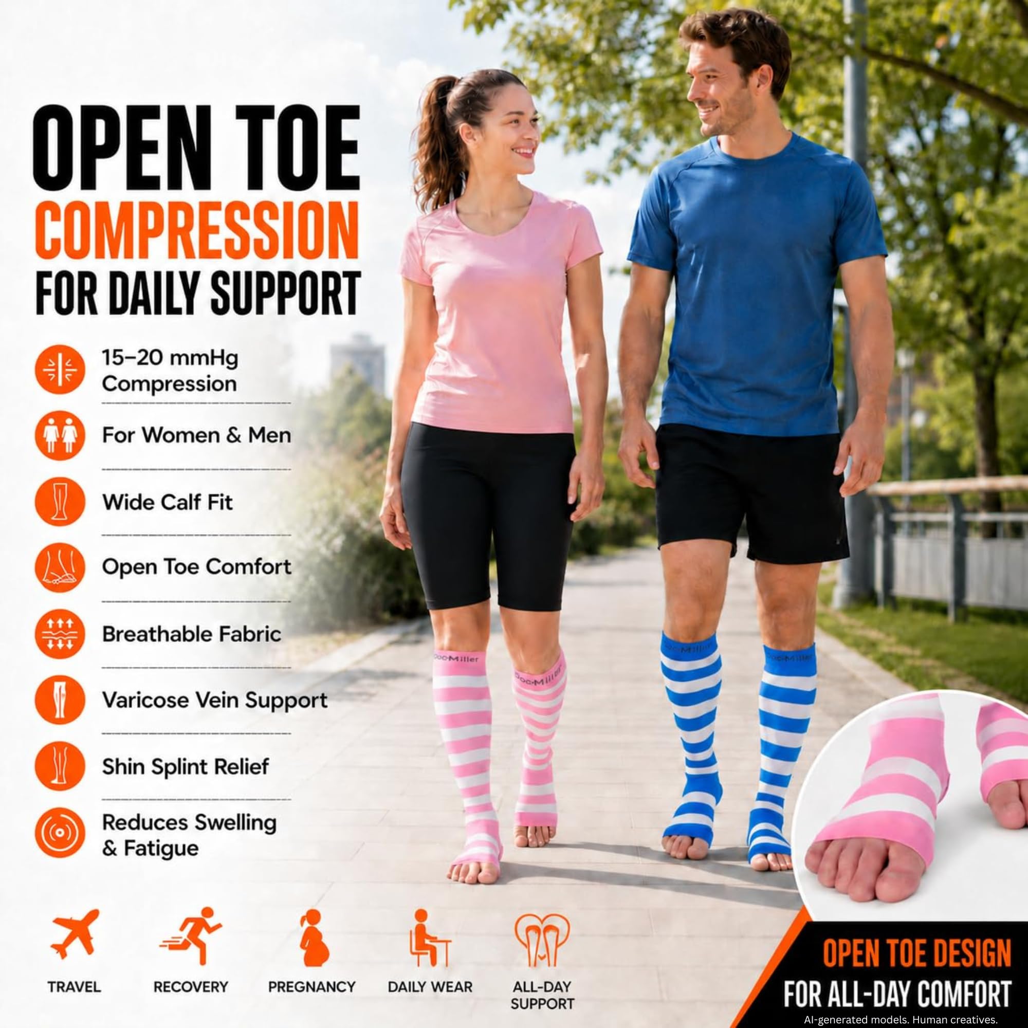 Doc Miller Calcetines de compresión de punta abierta para mujeres y hombres, 15-20 mmHg, medias de pantorrilla ancha hasta la rodilla para embarazo, venas varicosas, férulas de espinillas, hinchazón