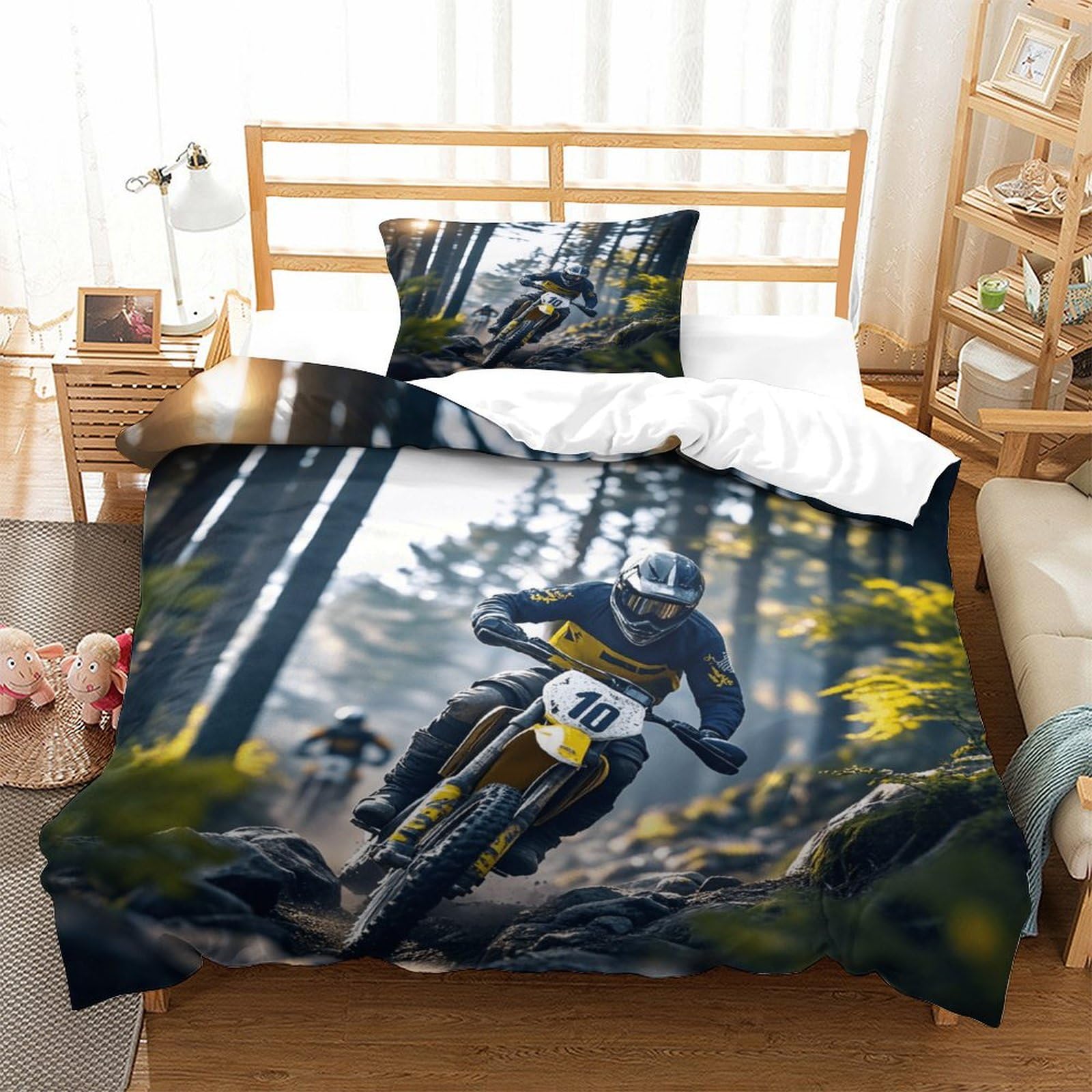 XiaopangXY Dirt Bike Lovingly Bed Linen Set Hidden Zipper Mountain Moto- Racing Duvet Cover Set with Pillowcases Quilt Cover Set Soft Microfiber Comforter Cover Kids & Adults Single（135x200cm）