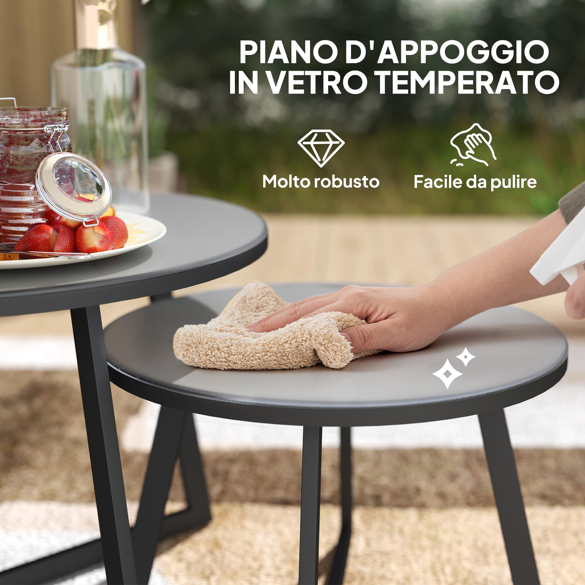 Outsunny Set 2 Tavolini da Giardino, Coppia di Tavolini da Caffè per Esterni con Piano in Vetro Temperato, Struttura in Acciaio, per Balcone e Terrazzo, Ø70x45 cm e Ø50x35 cm, Grigio e Nero