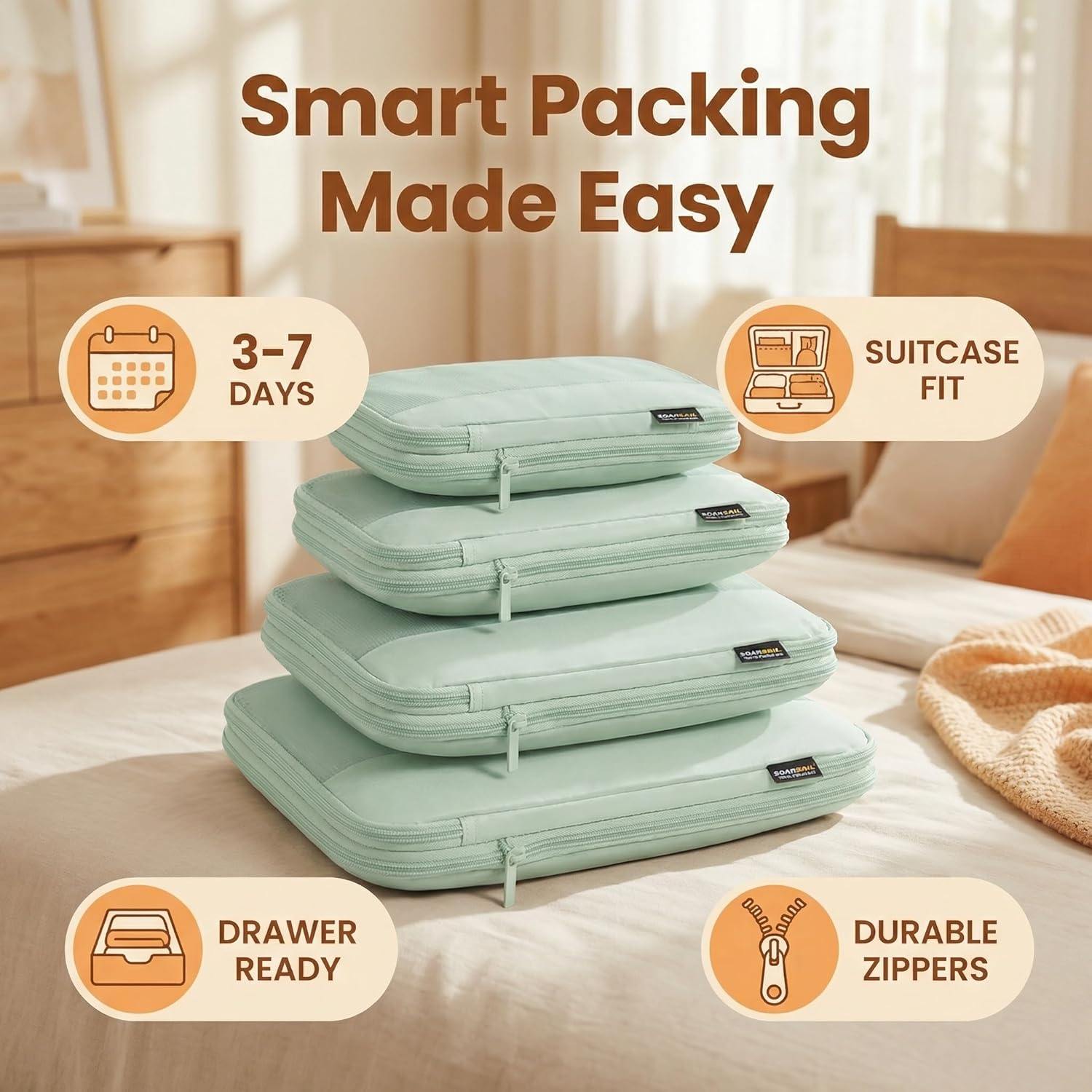 4 Piece Compression Packing Cubes for 3–7 Day Travel, Lightweight Travel Organizers with Breathable Mesh, Double-Zipper Packing Cubes for Carry-On & Suitcases (Light Green) - Image 9