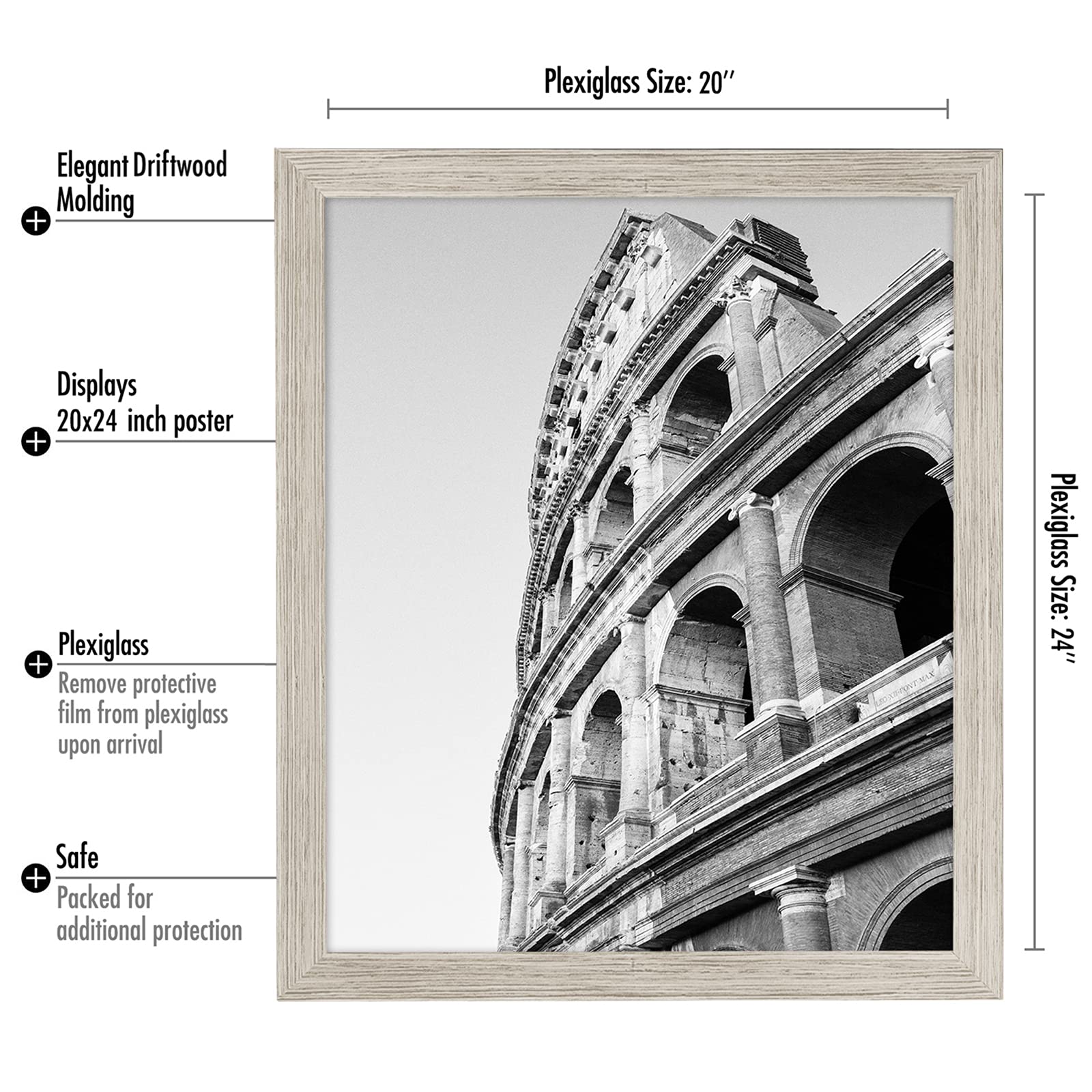 Americanflat 20x24 Poster Frame in Drift Wood with Polished Plexiglass - Horizontal and Vertical Formats with Included Hanging Hardware