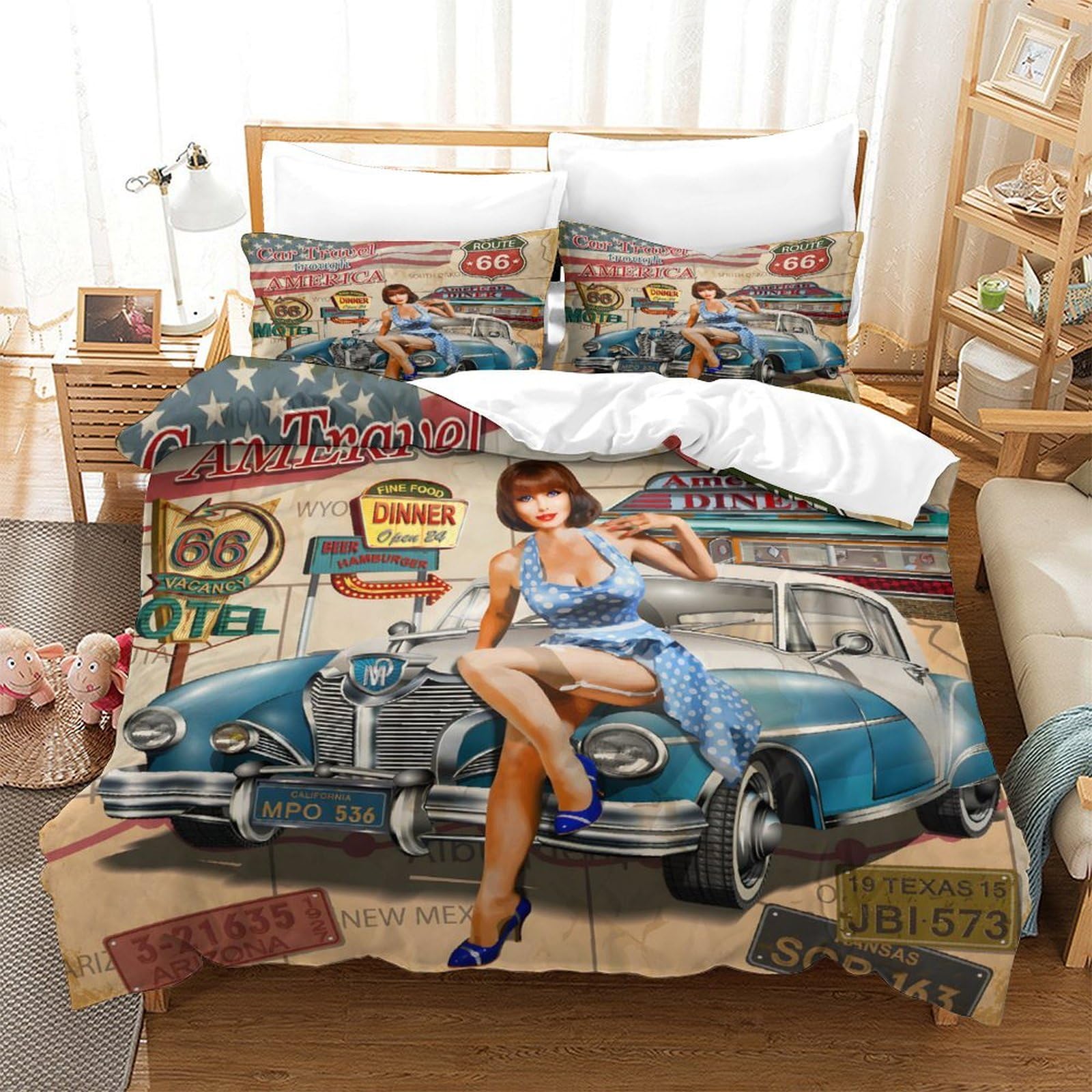 LIAOHENKAN Route Vintage Car 3Pcs Comforter Set Full Size Kids Boys Girls Decor Comforter Set Duvet Set Quilt Set Ultra Soft Room Decor Bedclothes with Zipper Closure Super King（260x220cm）
