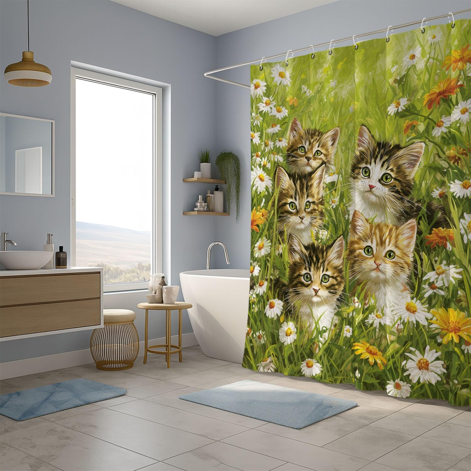 Genérico Zasłona prysznicowa 240 x 200 cm, 1 sztuka, miękka mikrofibra, wodoodporna i odporna na pleśń, zmywalna, do łazienki lub wanny, z oczkami i haczykami, zielony, wiejski kwiatowy kot