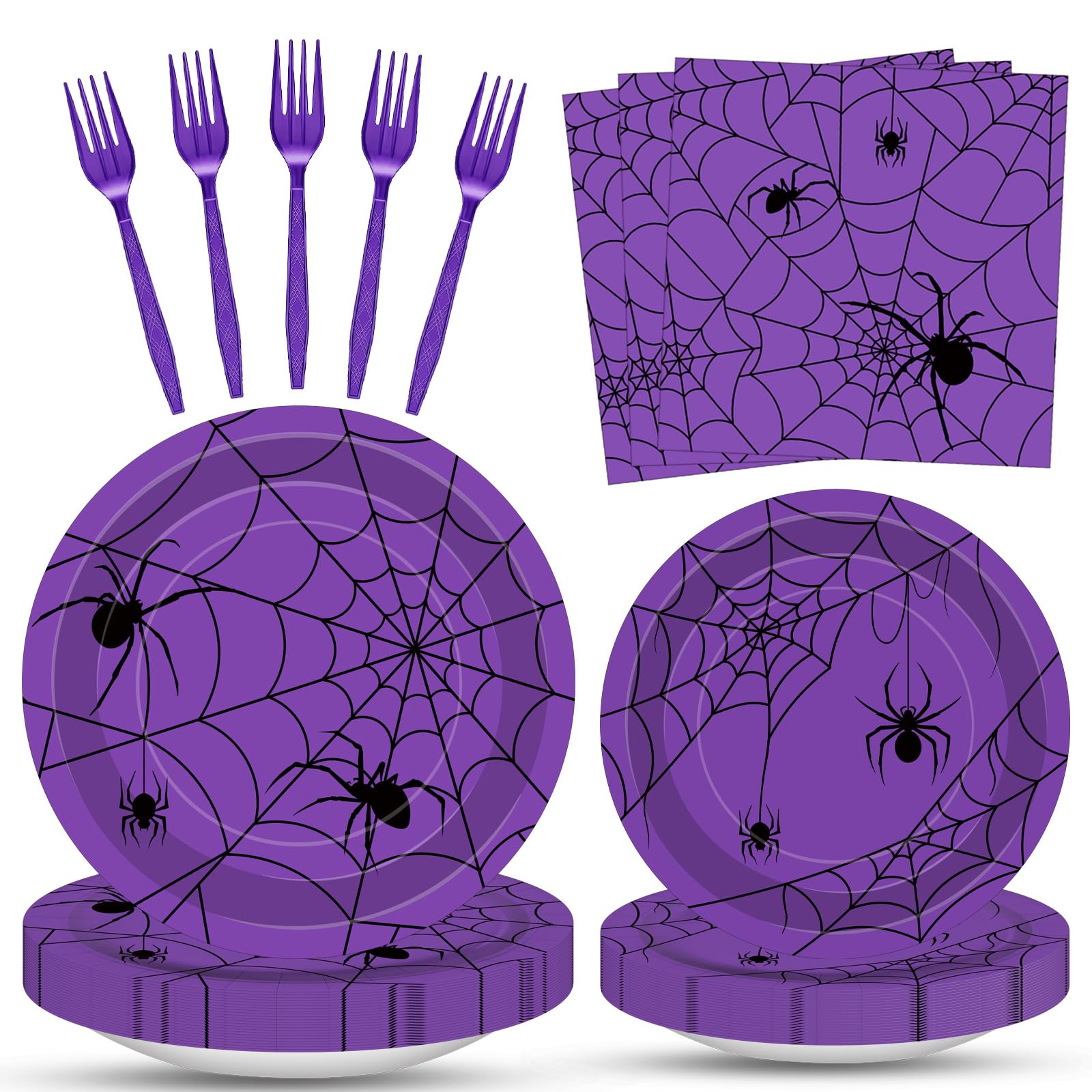 100 Pcs Halloween Spider Web Tableware Party Supplies Set, Serves 25- Disposable Spiderweb Plates, Napkins, and Forks, Spooky Dinnerware for Haunted House, Trick or Treat, Birthday Table Decorations