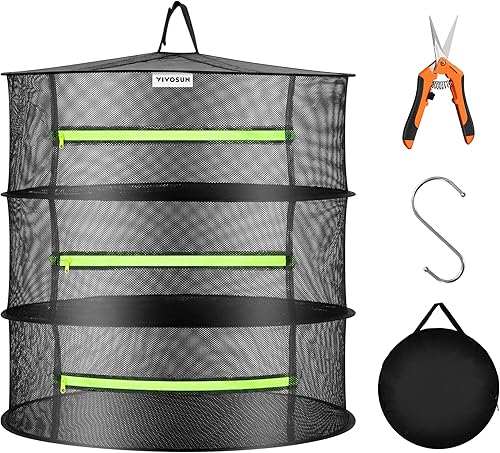Miniatura 1 de VIVOSUN Escurridor de malla de 3 capas con diseño colgante con cremalleras verdes para deshidratar, tijeras de podar en interiores y exteriores