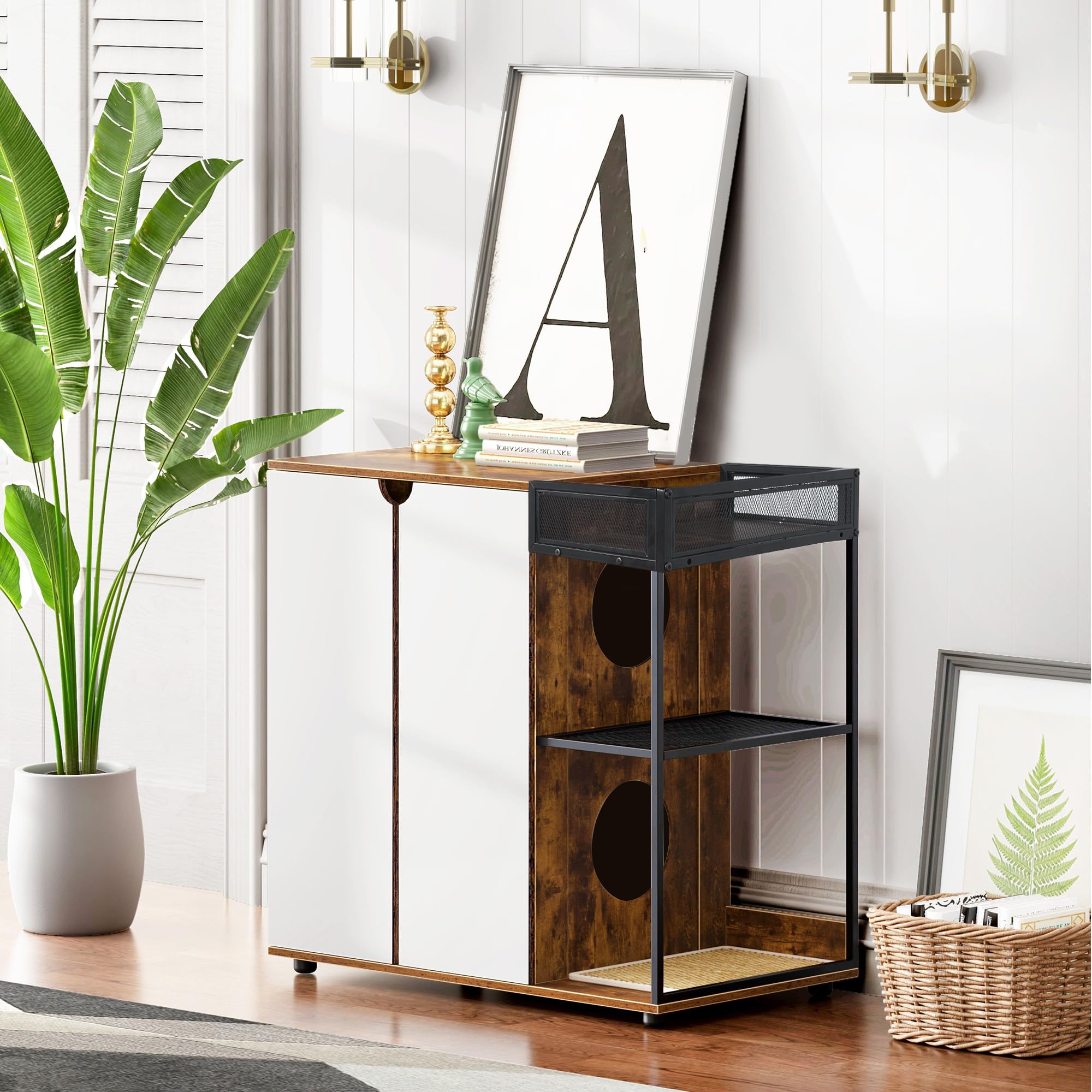 Litter Box Enclosure for 2 Cats, Large Cat Furniture Cabinet with Double Side Entries & Ventilation, Rustic Brown Hidden Litter Box Furniture with Splash Guard & Removable Mesh Door