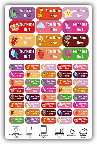 Etiquetas de nombre impermeables - Diseños de iconos para niñas, niños y niños. 52 etiquetas personalizadas para escuela, guardería y campamento.