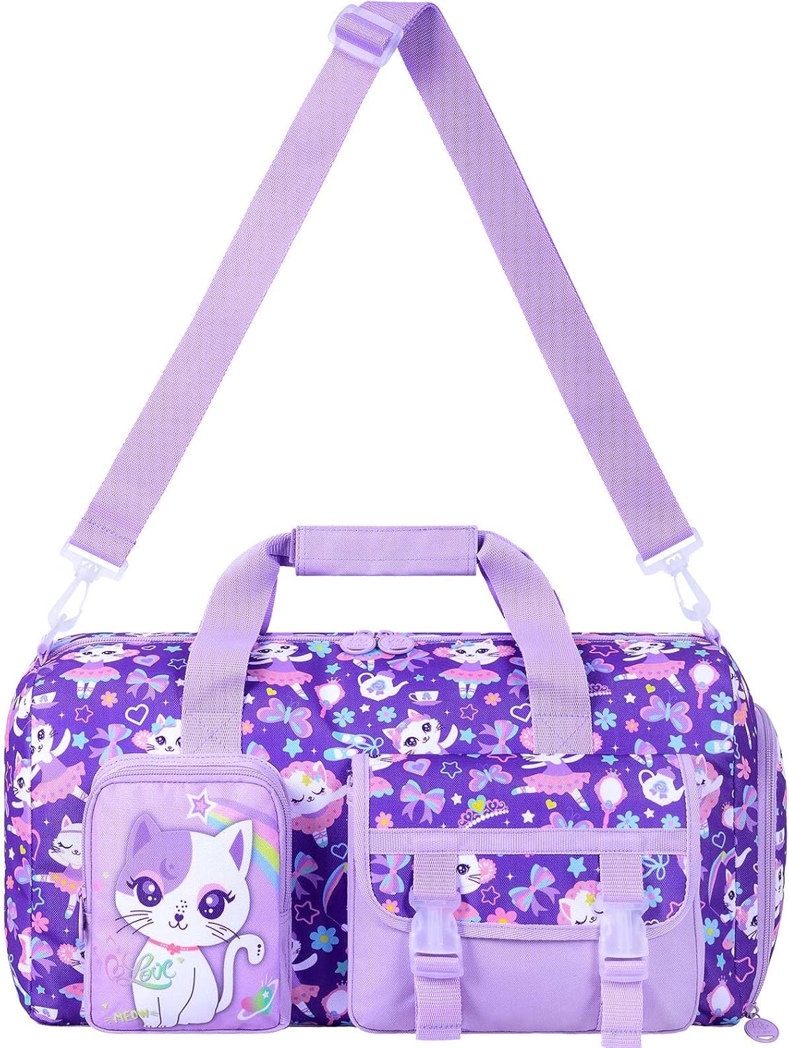 Kids Cat Duffle Bag for Girls, Water-Resistant Travel & Weekender Bag with Shoe Compartment for Sports, Gym & Sleepovers