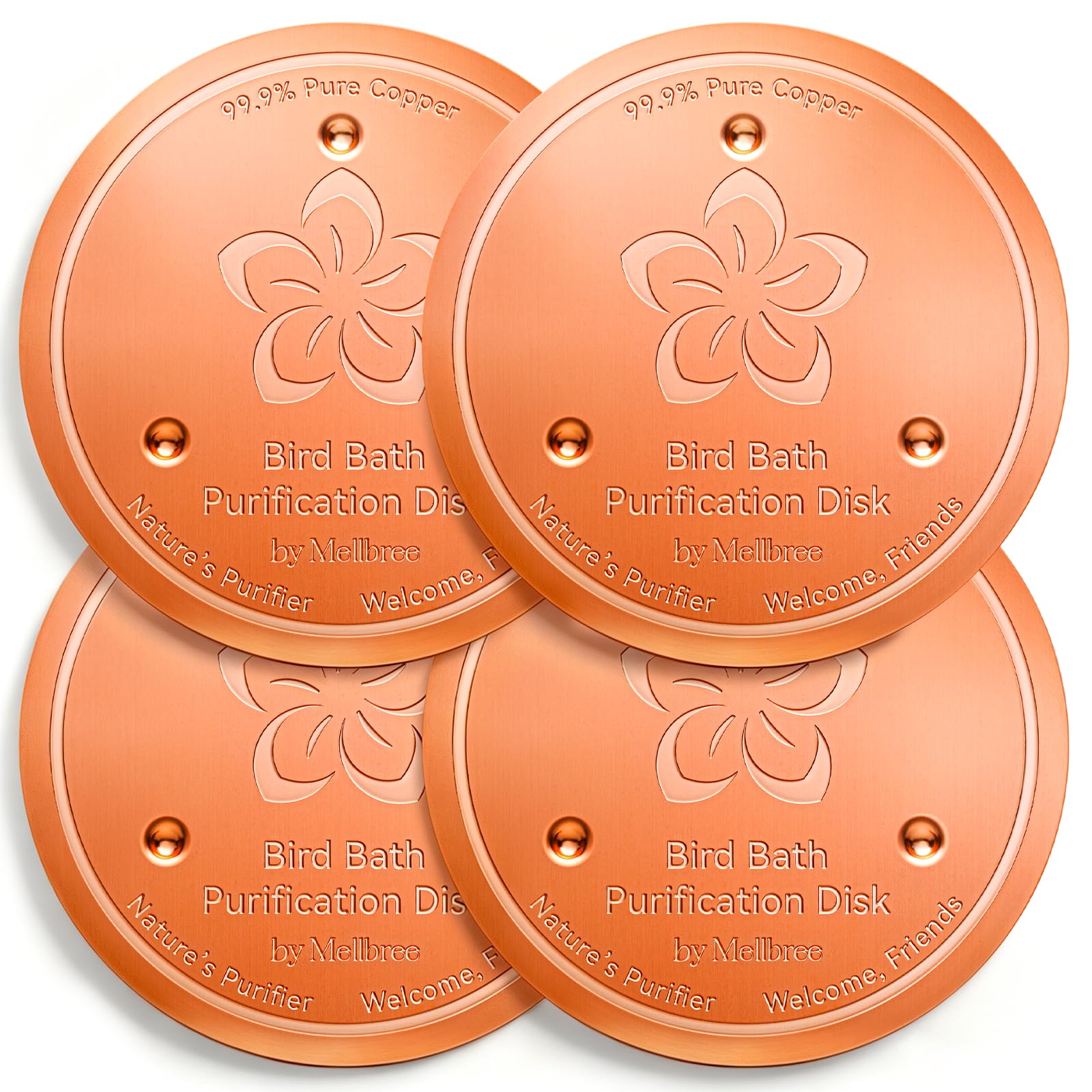 Mellbree 4-Pack Bird Bath Copper Disc, 0.6mm Reinforced 99.99% Pure Copper Cleaning Disk with Triple-Point Support for Physical Safe Clean Water All-Season (Flower)