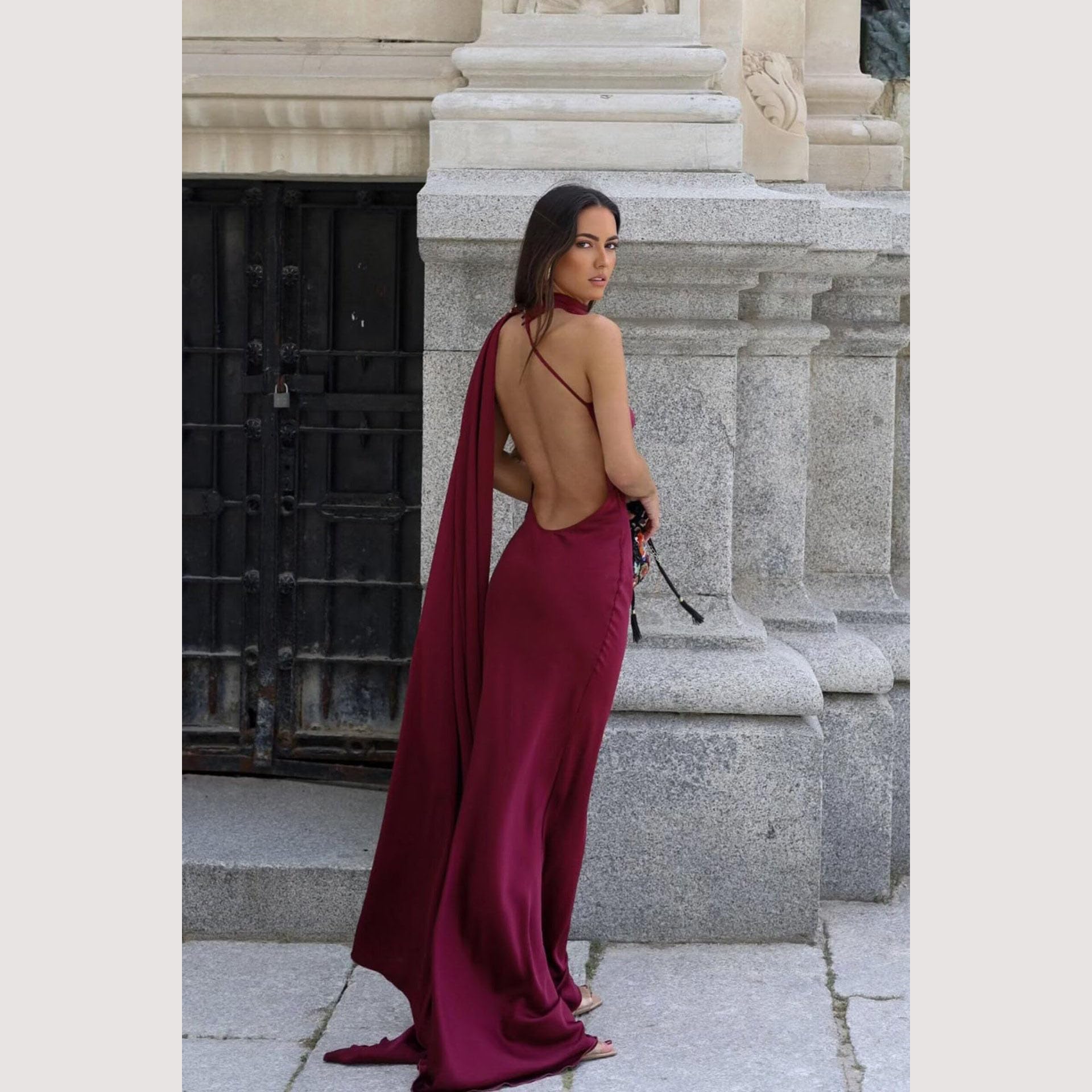 Maxi abito da donna in raso, monospalla con sciarpa lunga, schiena scoperta, abito da sera per ballo di fine anno ed eventi formali
