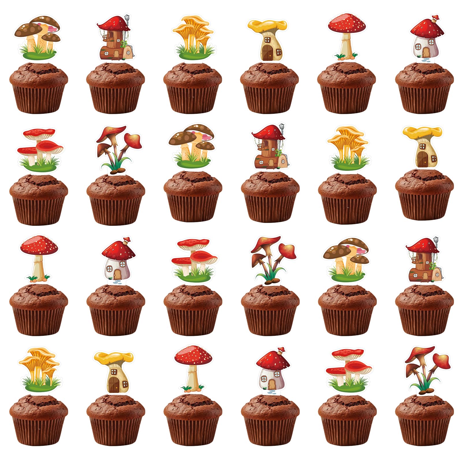 SparkDot 24pc Mushroom Cupcake Toppers & Cake Picks - Mushroom Birthday Decorations for Baby Showers & Parties