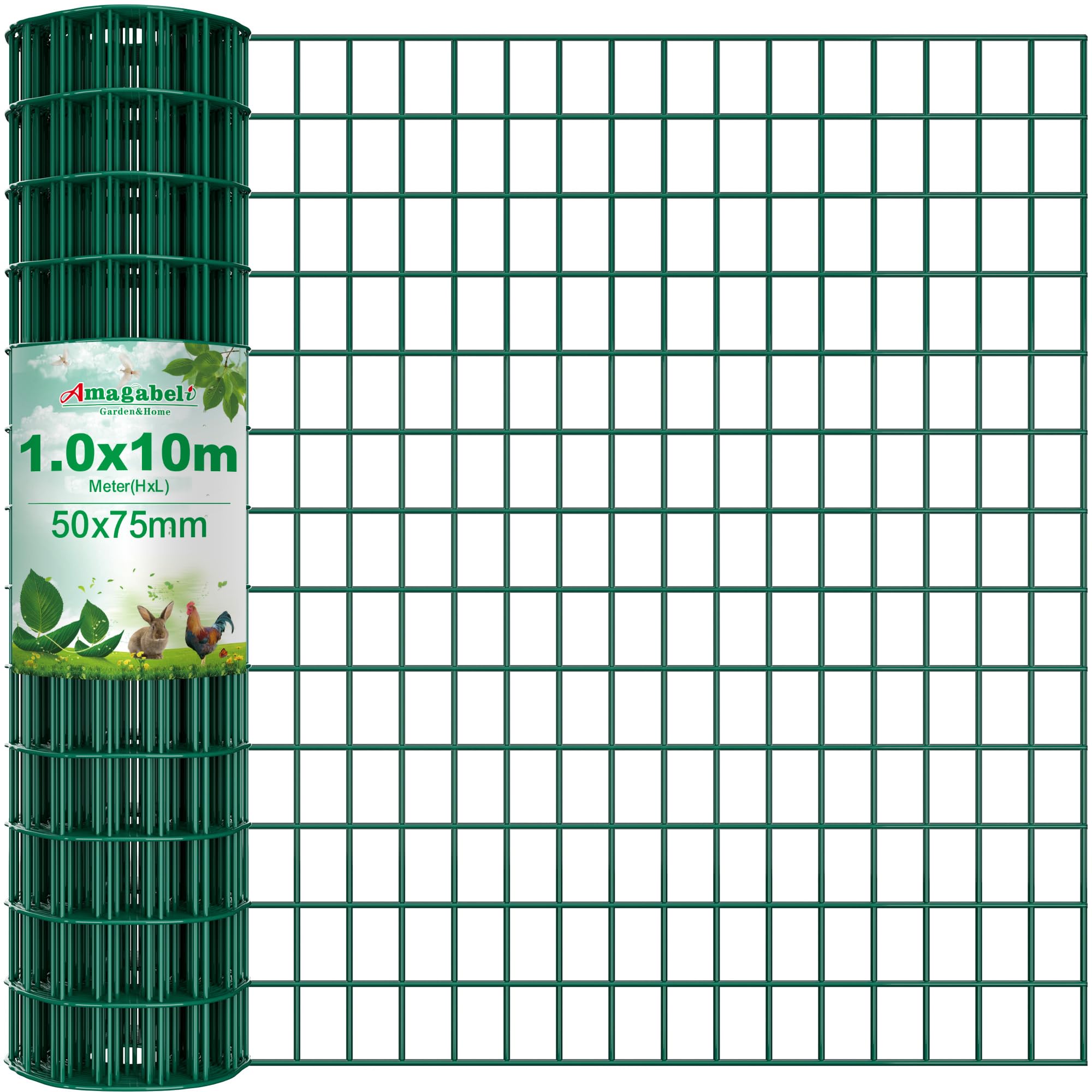 Amagabeli 1.0Mx10 M,Malla 50x75 cm,Malla Metalica Electrosoldada Galvanizada y PVC, Valla Metálica de Jardín, Rollo de 2.0 mm para Protección y Cercado Residencial, Verde RAL6005 (Conejera, Perros)