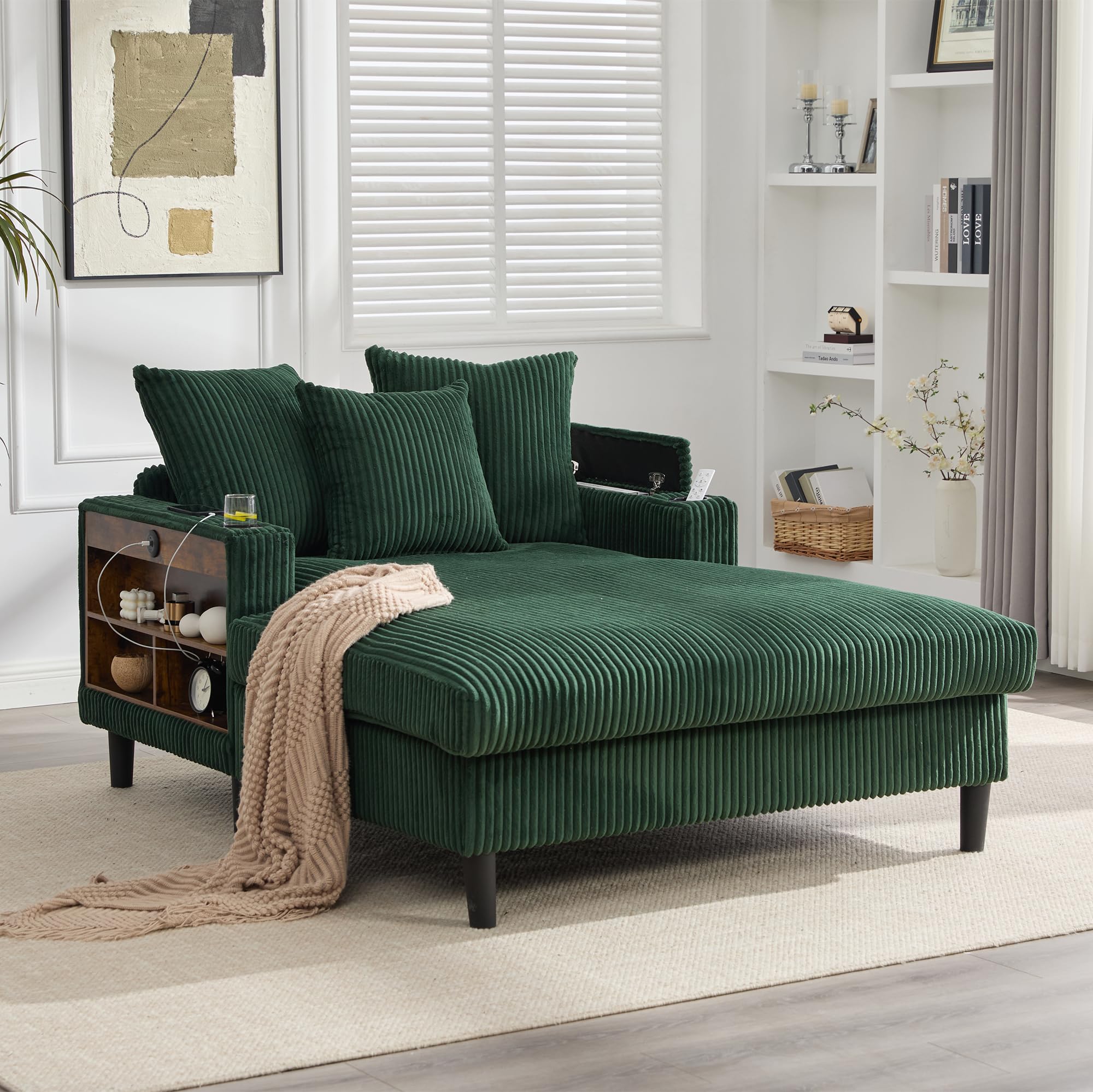 Salón multifuncional de pana con chaise longue con gran superficie de descanso, soporte para bebidas en ambos lados, bolsillo lateral, espacio de almacenamiento, patas de plástico estables