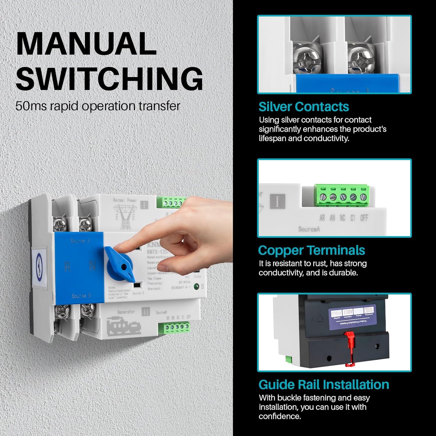 ATS Automatic Transfer Switch 2P AC110V 100A 50/60Hz ATS Dual Power Switch Electrical Selector Switches for Home Generator DIN Rail Mount (2P 100A)