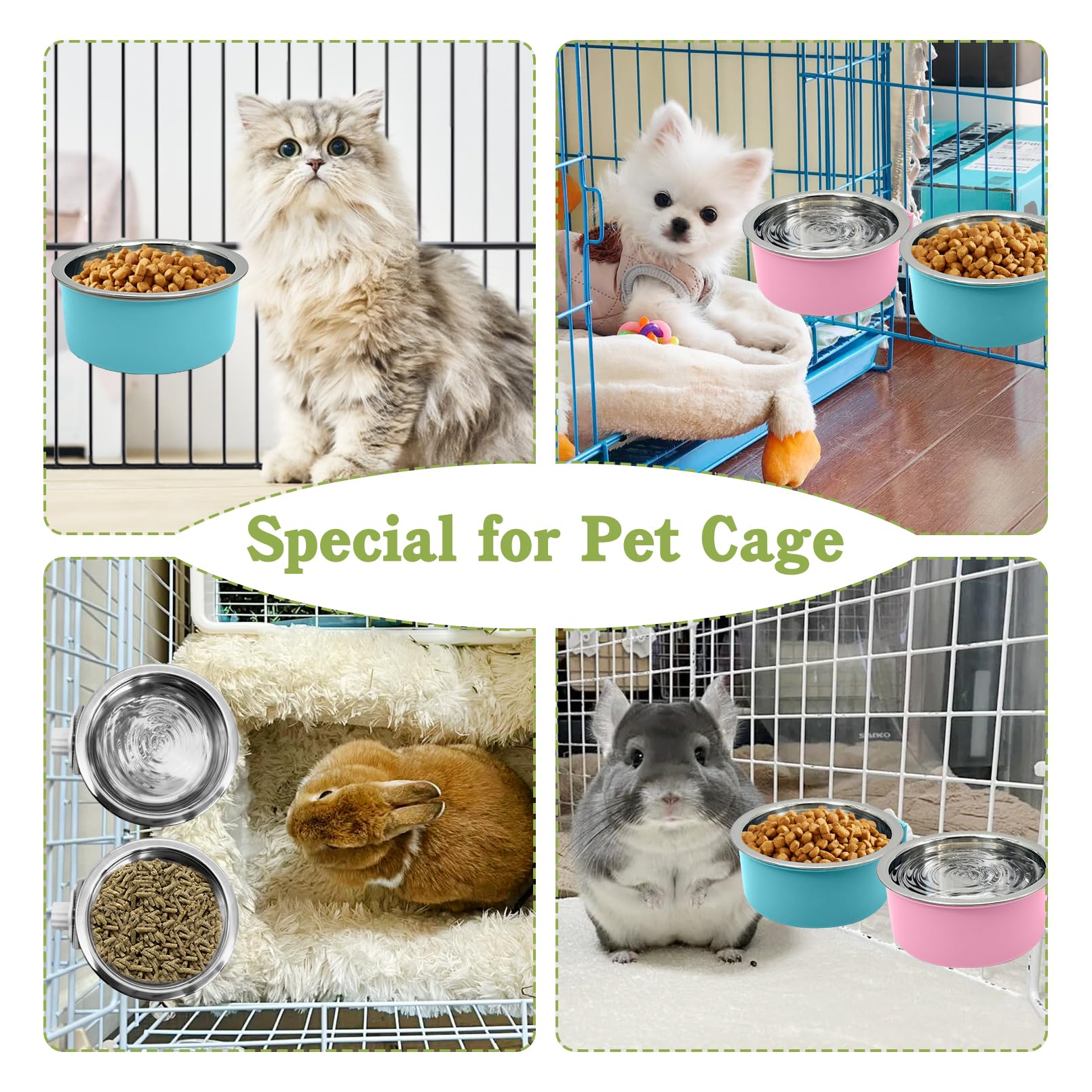Tfwadmx Hundenapf für Katzen, abnehmbar, Edelstahl, Futter- und Wasser-Futterstation zum Aufhängen, Käfig, mit Reinigungsset für Haustiere, Welpen, Vögel, Ratten, Meerschweinchen, Frettchen,