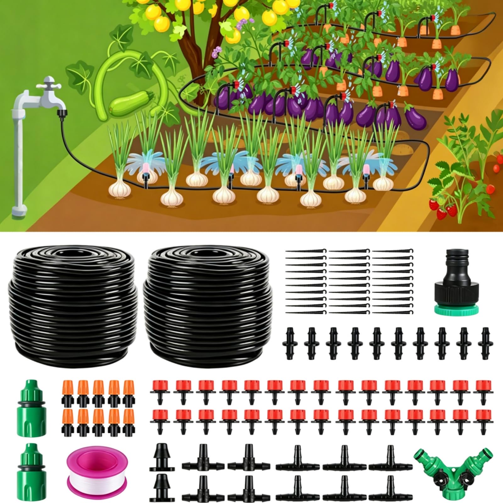 Système d'irrigation goutte à goutte de 30 m, système d'arrosage automatique de 1,6 cm, avec 30 buses en cuivre, sans outils, arrosage à brume fine pour jardin, terrasse, plantes en pot, système