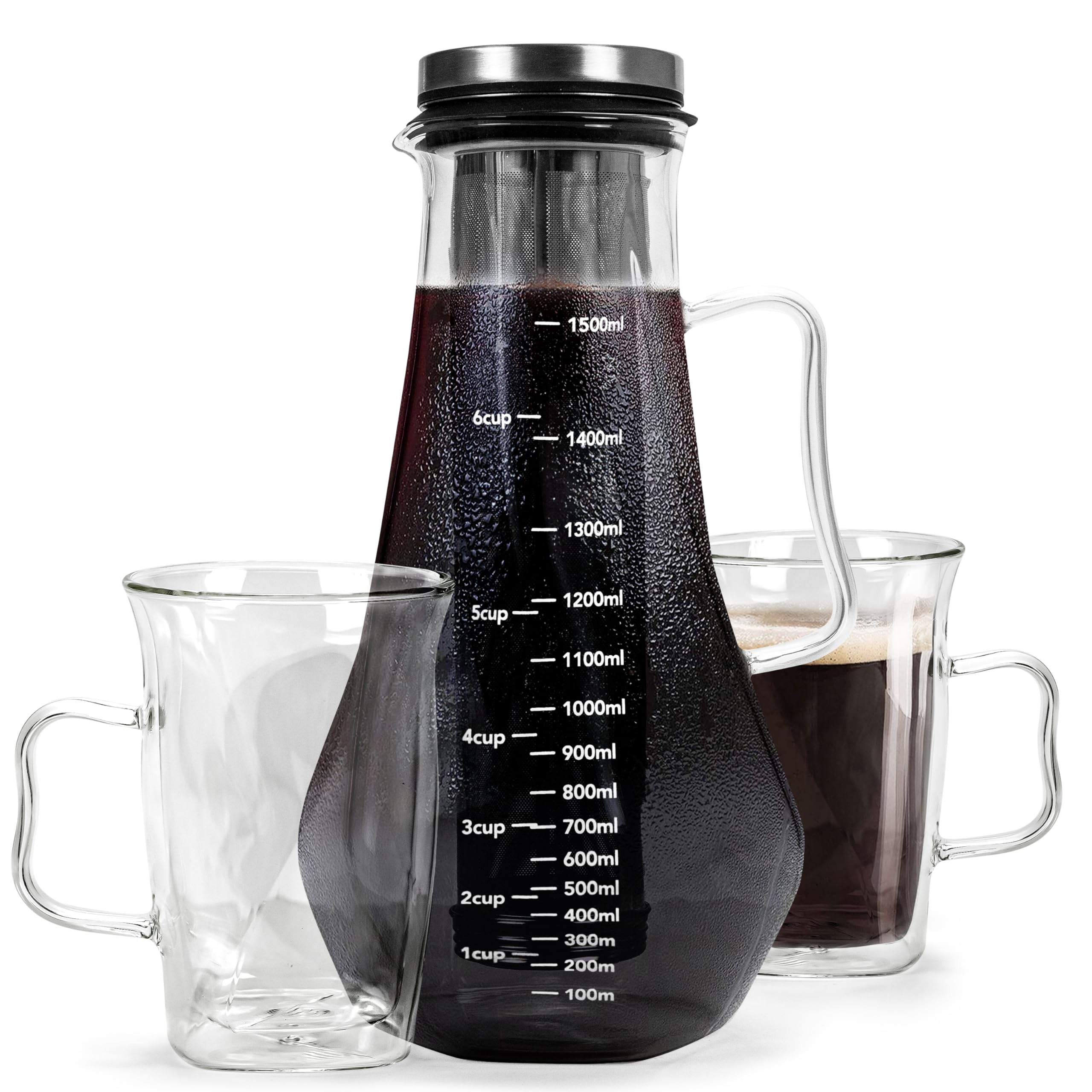 Ice Coffee Cold Brew Maker – 50 oz/1.5L Glass Carafe with Stainless Steel Infuser & Spout, Includes 2 Double Wall Insulated Glasses & Cleaning Brush – Perfect for Iced Coffee & Tea Lovers