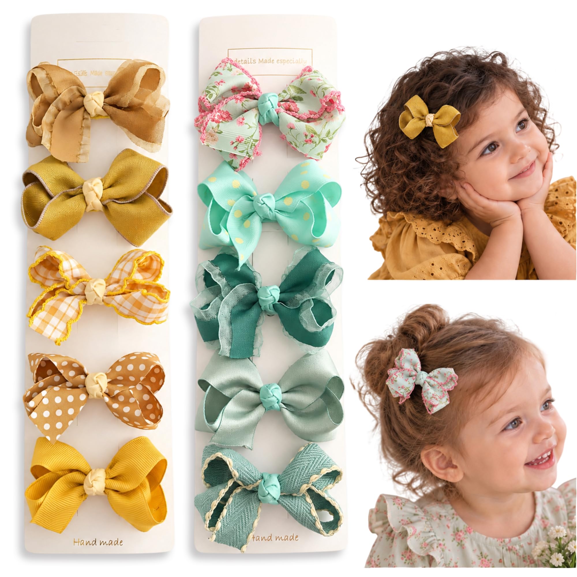 OULYMORE Fermacapelli Bambina con Fiocco 3D Fatto a Mano, Fermagli Capelli Bambine, Clip a Becco Completamente Rivestita in Tessuto, Accessori Capelli per Bambine (Sole & Acqua, Set da 10 pezzi)