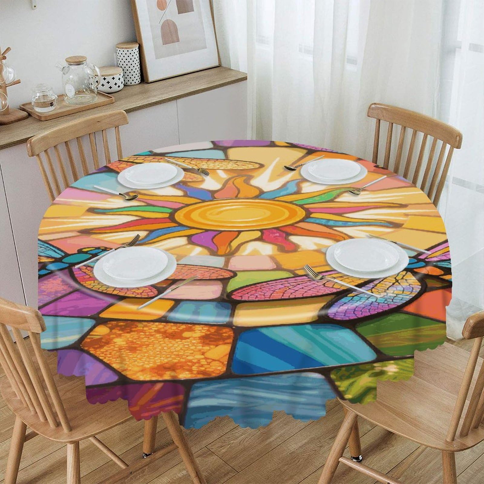 VstaDank Stained Glass Dragonfly Round Tablecloth Wipeable Round Polyester Tablecloth Waterproof Wrinkle Free Indoor and Outdoor Table Cover 60 Inch Decorative Farmhouse Table Cloth for Dining