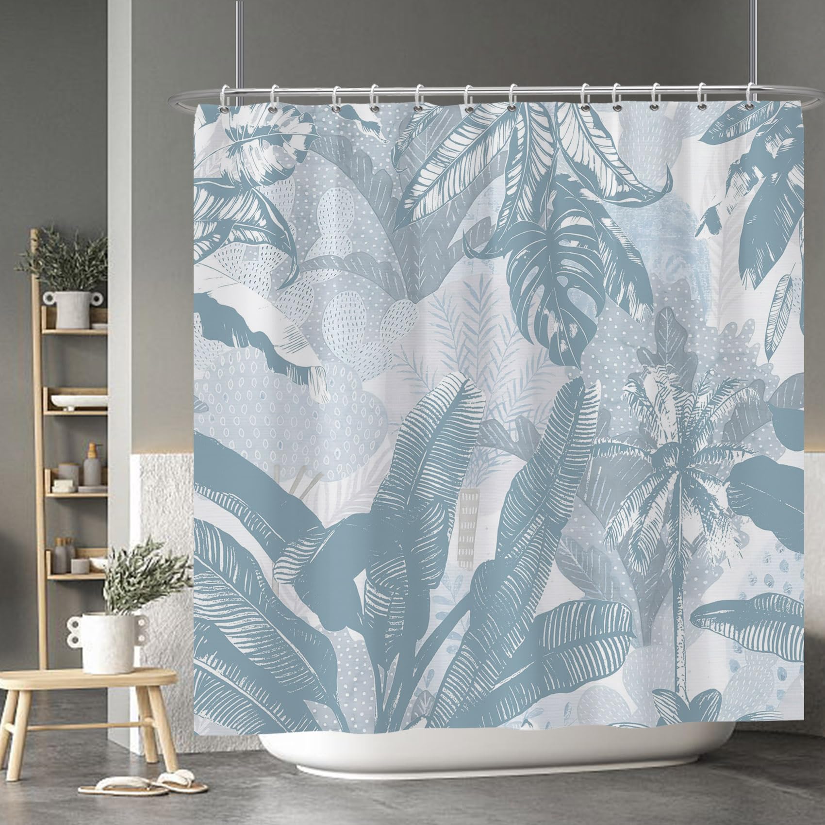 Baocicoo Palm Leaf Banana Leaves Shower Curtain - Baby Blue Tropical Boho Abstract for Family Bathroom - Waterproof Washable with Hooks - 72x72 Inches
