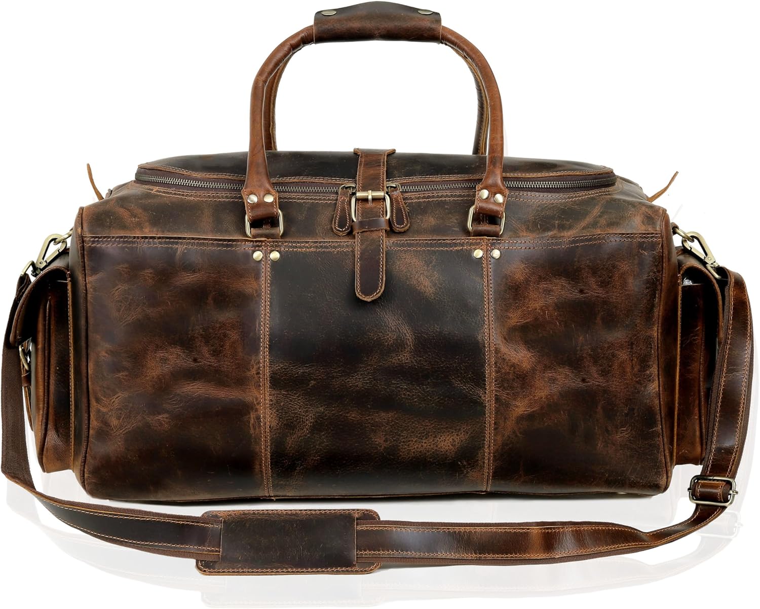 Cuero Full Grain Leather Duffle Bag for Men, Buffalo Overnight Weekend Travel Bag, Carry On with Organized Pockets, YKK Zippers, Adjustable Strap (Choclate Brown)