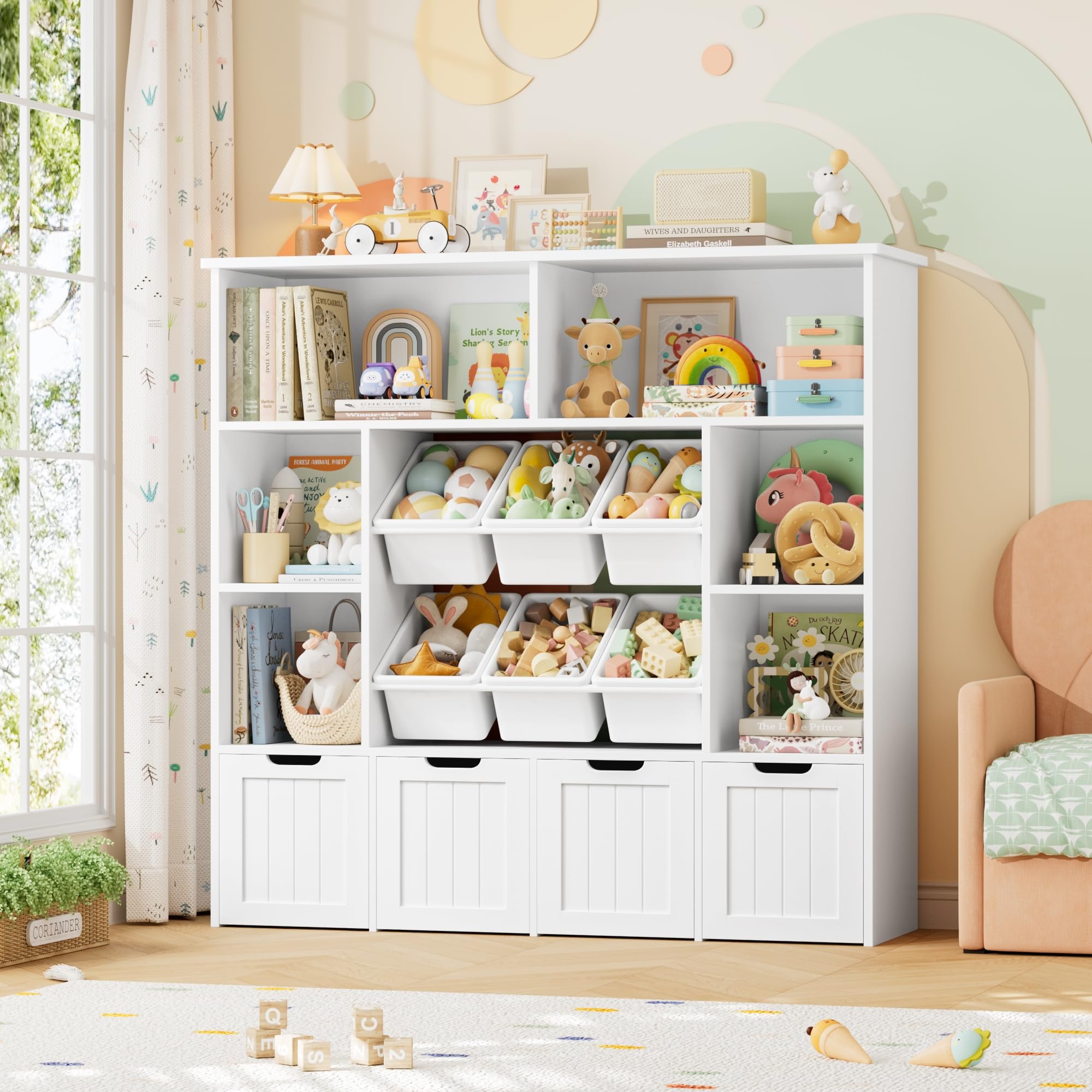 FOREHILL Meuble Rangement Enfant Bibliothèque Enfant Tiroir Roulant Blanc | Rangement jouet enfant et livres | 125x33x121cm | 7 étagères 6 boîtes amovibles | Meuble pour chambre enfant salle de jeu