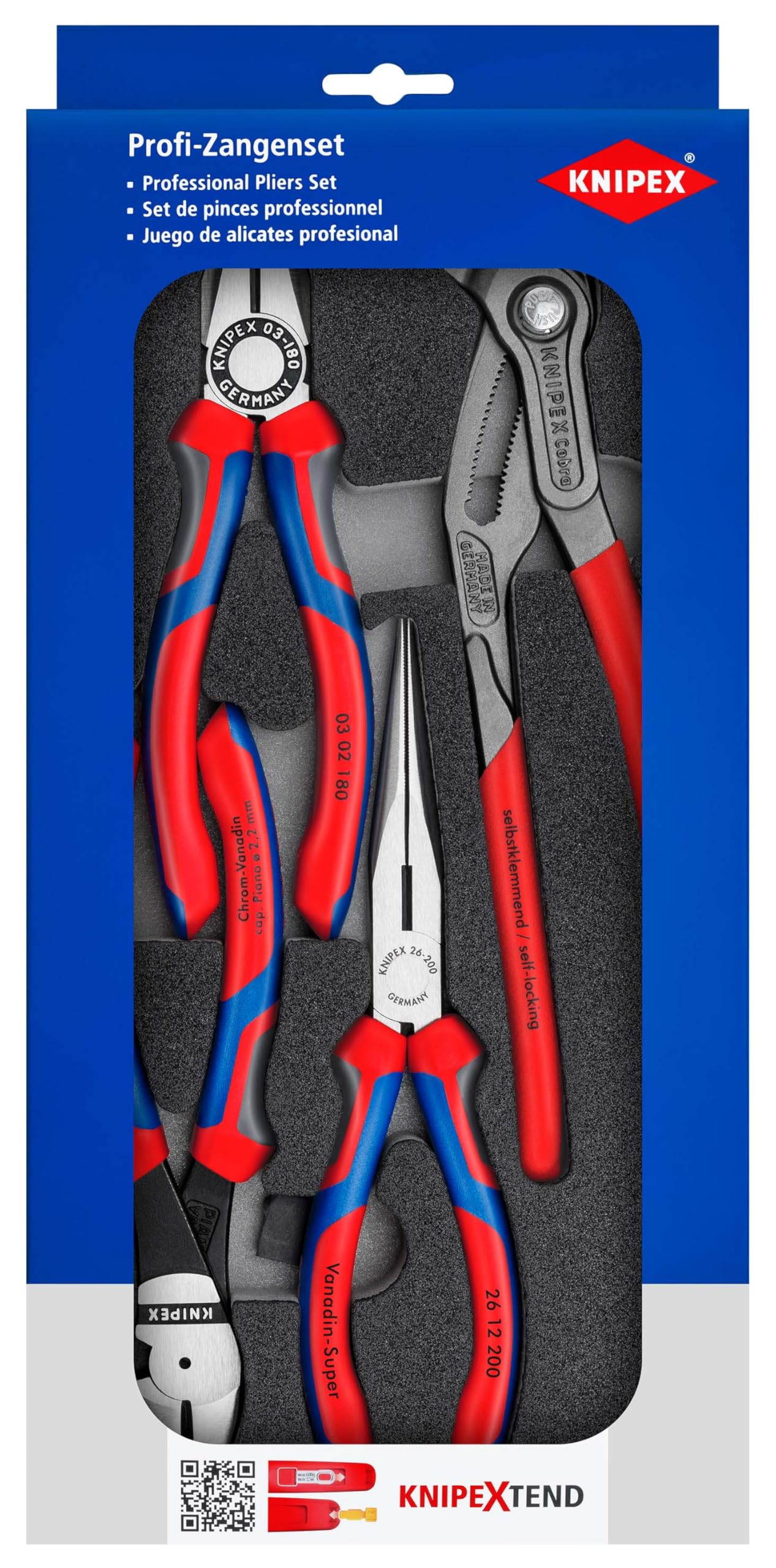 KNIPEX Zangen-Set, 4-teilig, in Schaumstoffeinlage für Werkbank/Werkstattwagen, 335 x 33 x 165 mm, Zangenset, Werkzeugset, 00 20 01 V15