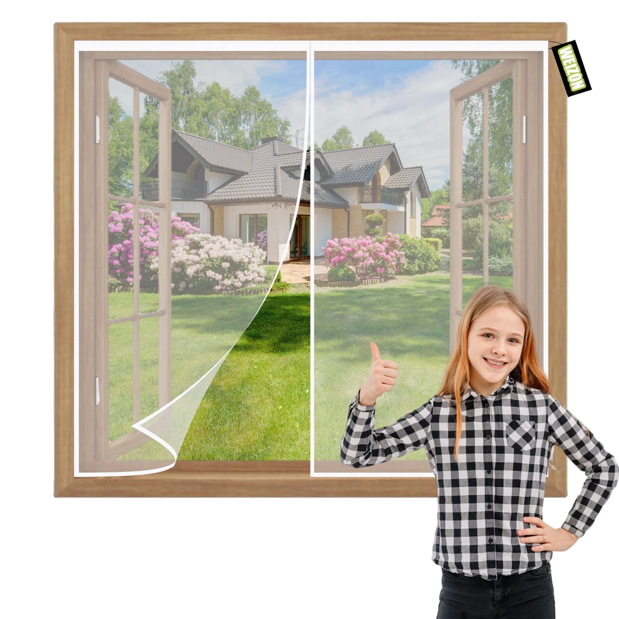 Weizon White Magnetic Fly Screen Window 60X120cm Top To Bottom Seal Snaps Shuts Automatically & Full Frame Adhesive Tape For Indoor Outdoor