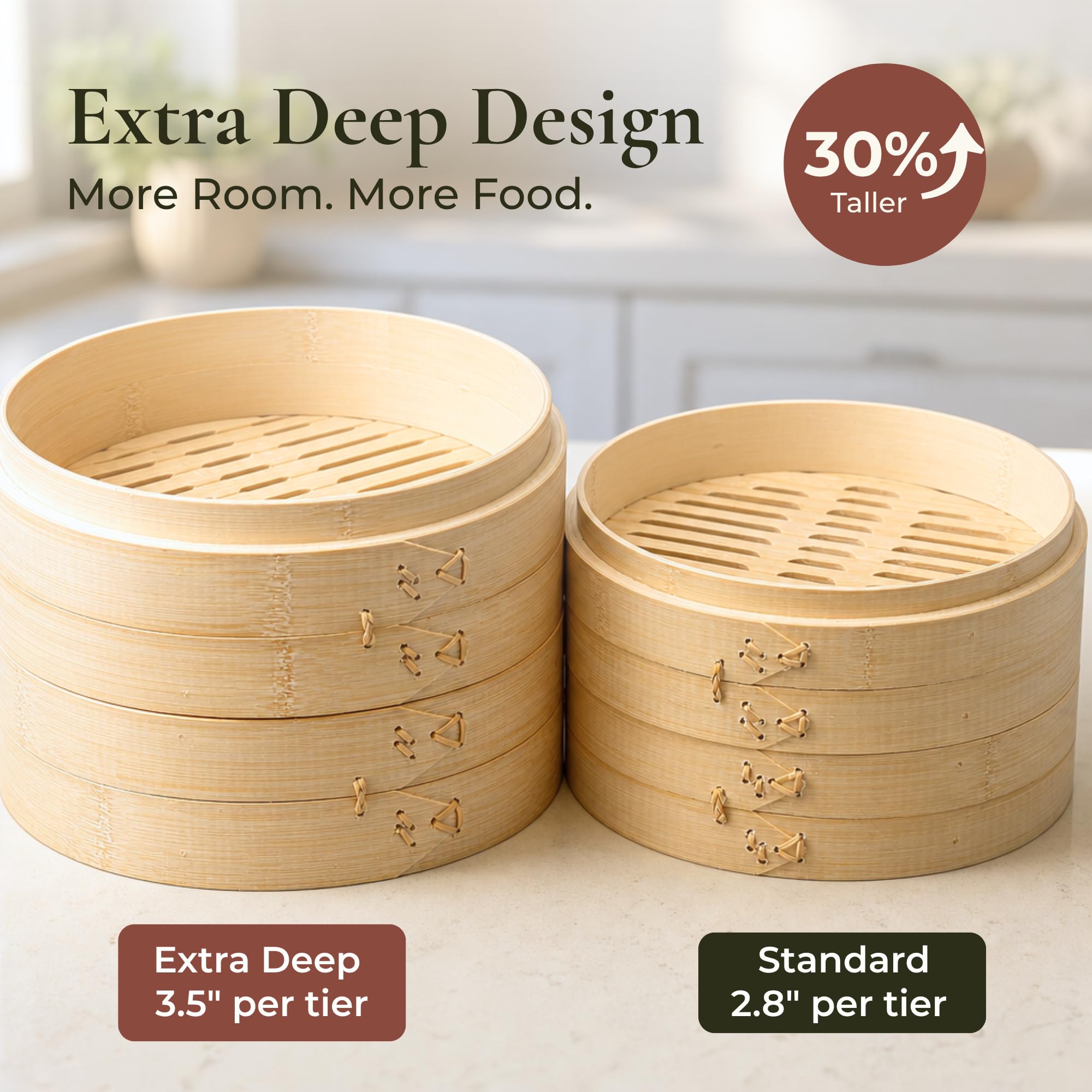 HAPPi STUDIO Bamboo Steamer Basket 10 inch and 304 Stainless Steel Steamer Ring Set - 100% Natural Handmade 2-Tier Dumpling Steamer for Cooking Dim sum, Bao Bun - Cotton Liners Included - Extra Deep