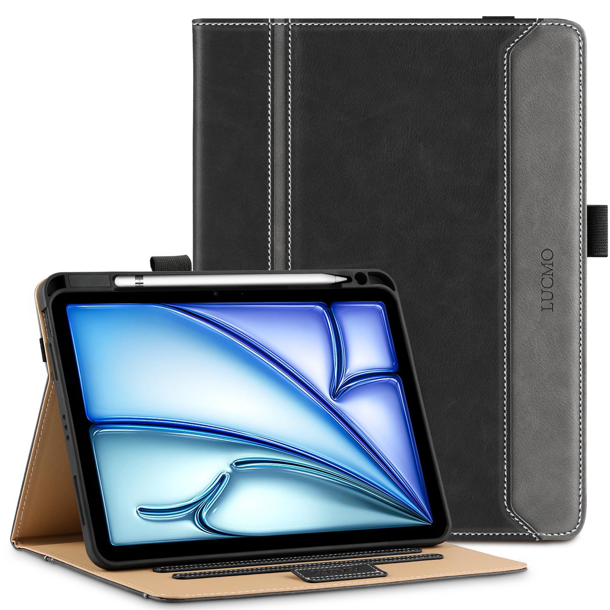 LUCMO Hülle für iPad Air 11 Zoll M3 / M2 / Air 5 / Air 4 10,9 Zoll, PU Leder Schutzhülle mit Ständer, Kartensteckplatz Tablet Schutzhülle für ipad Air 11 / Air 10,9 Zoll - Schwarz