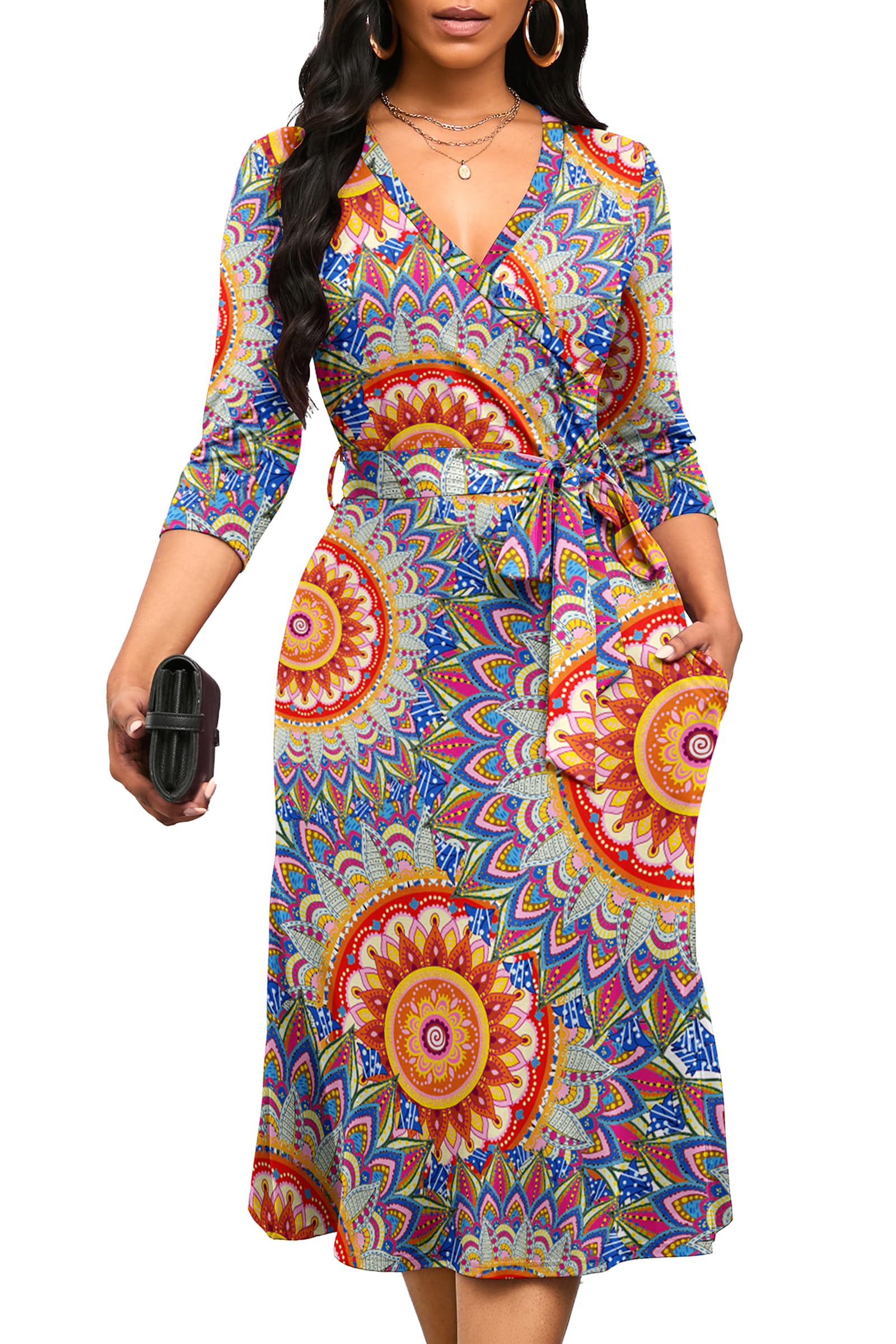 Runwind Damen Maxikleid Übergröße - 3/4 Ärmel V-Ausschnitt Mit Blumenprint XL-6XL