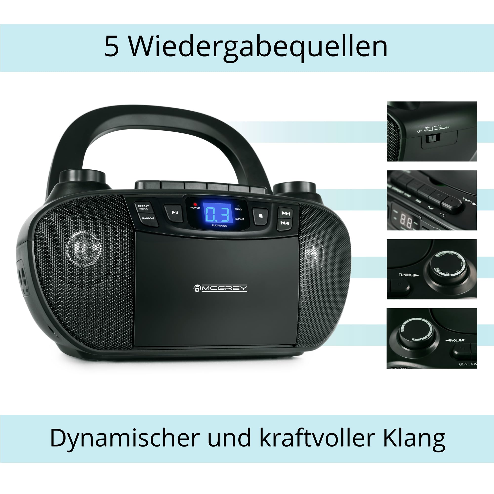 CDB-1016 BK Boombox casete-CD-rádio transportable - grabadora AUX-auriculares - funciona con cable o 6 pilas C
