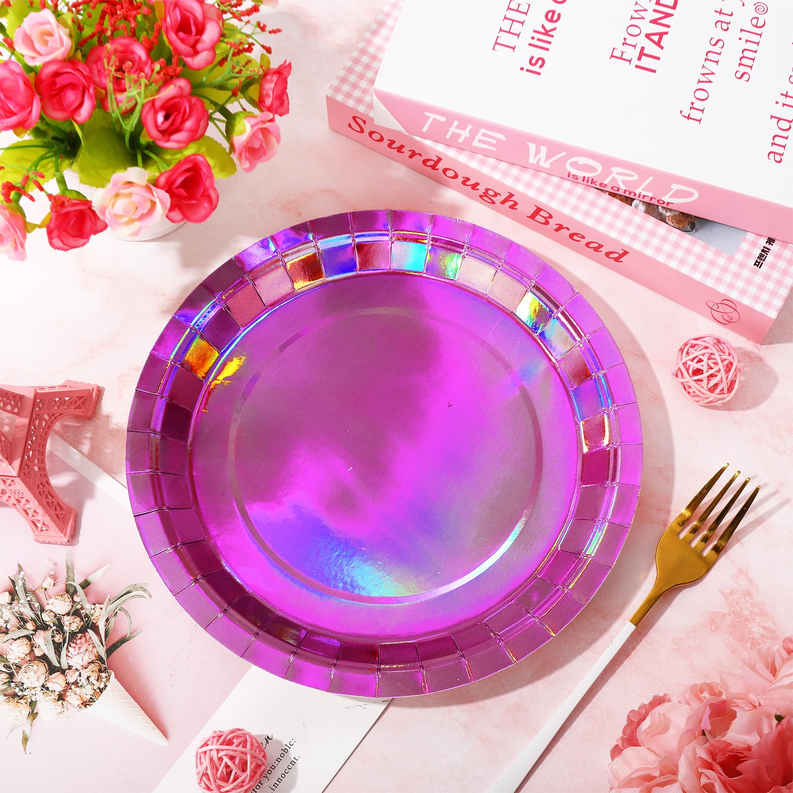 JarThenaAMCS 50 platos de papel rosa iridiscente holográficos desechables de color rosa intenso de 9 pulgadas, platos redondos de postre para discoteca, despedida de soltera, fiesta de cumpleaños