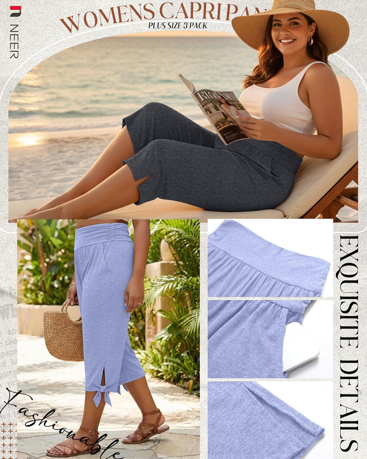 Neer 3 Pack Women's Plus Size Cotton Capri Pants High Waisted Wide Leg Loose Lounge Yoga Cropped Sweatpants with Pockets - Image 2