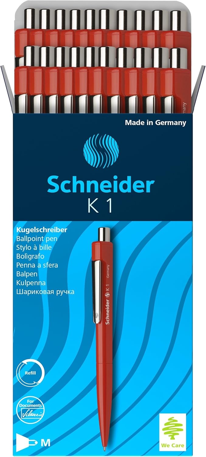 Schneider K-1 Retractable Ballpoint Pen, Red, Box of 20 (3152)