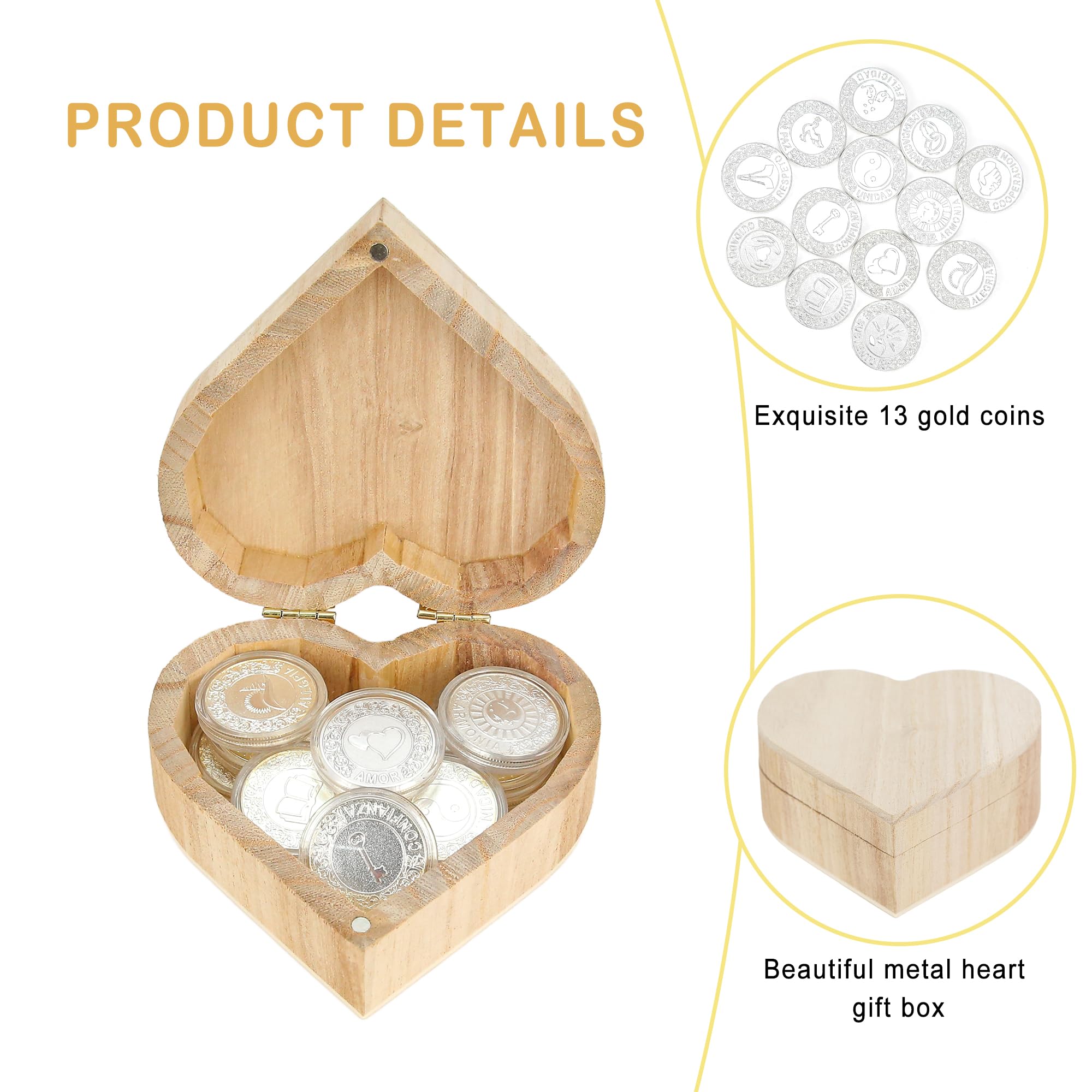 TINGKU Arras de Boda Catolica Set de monedas de boda - 13 monedas de unidad de plata para la ceremonia de boda católica, elegantes Recuerdos Para Boda con caja de madera en forma de corazón