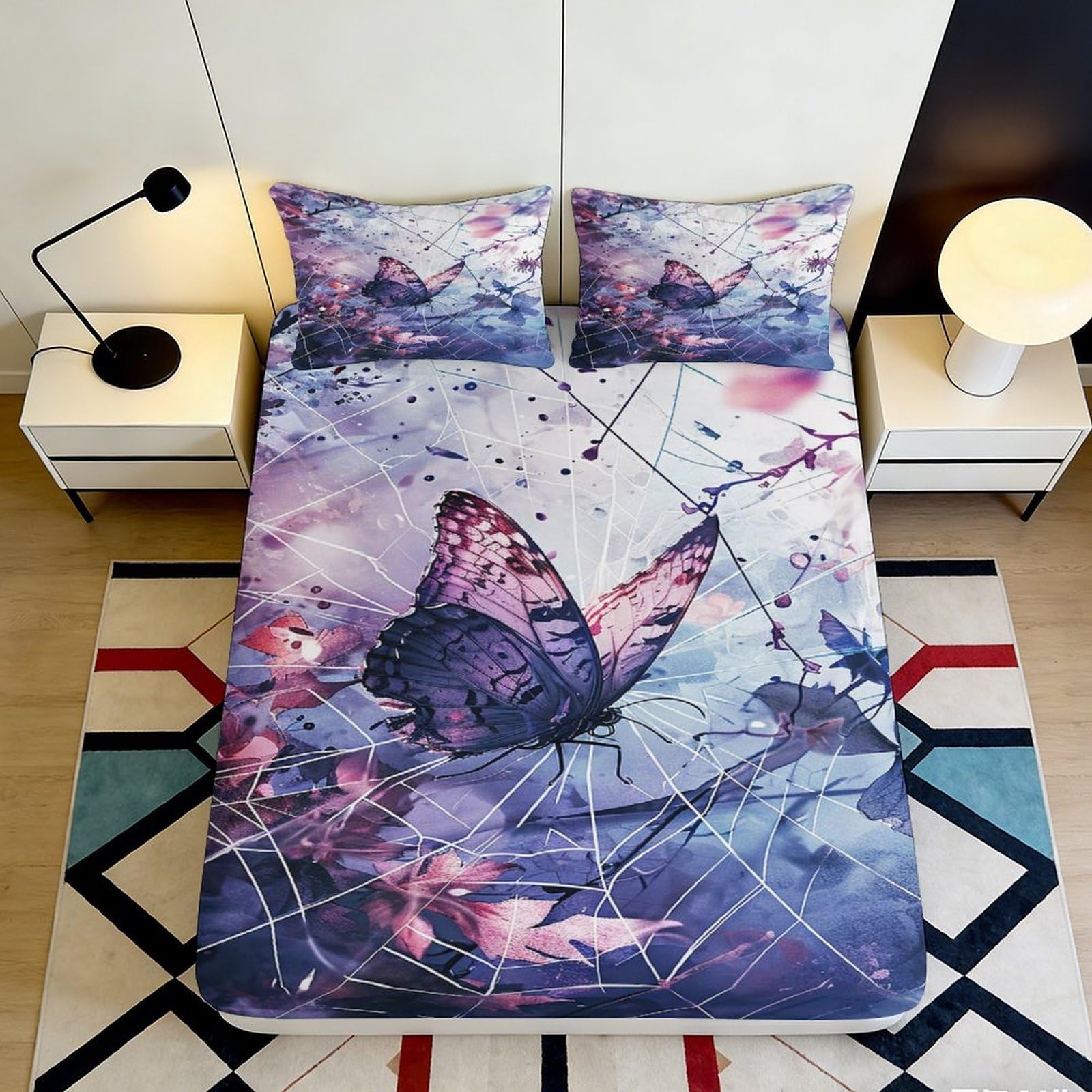 Zfldkwgb Style-10 3D Printed Purple Butterfly Fitted Sheet Microfiber Soft Breathable Abstract Floral Mattress Cover For Bedroom Guestroom 90X200x25cm