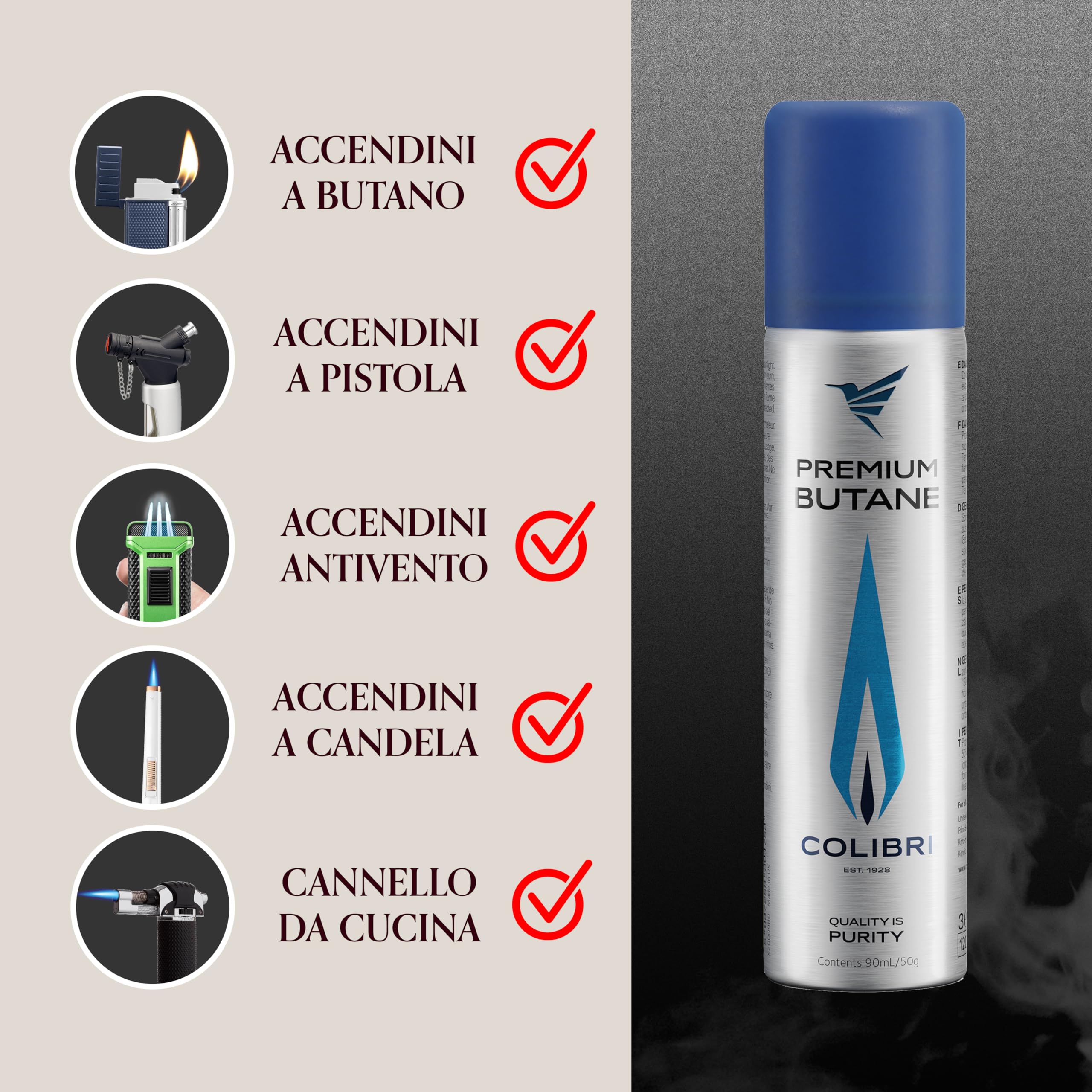 Colibri bomboletta di Gas Butano di altissima qualità - 12 x 90ml - Puro al 100% - per Ricarica accendini, bruciatori da cucina e più - Esperienza dal 1928.