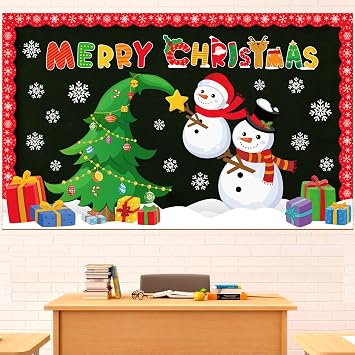 Funrous Christmas Bulletin Board Decoration Set Xmas Tree Classroom Decor Snowman Santa Claus Gnome Snowflake Cutout Winter Border Trim for Xmas Holiday Office Wall Door Supplies Merry Christmas