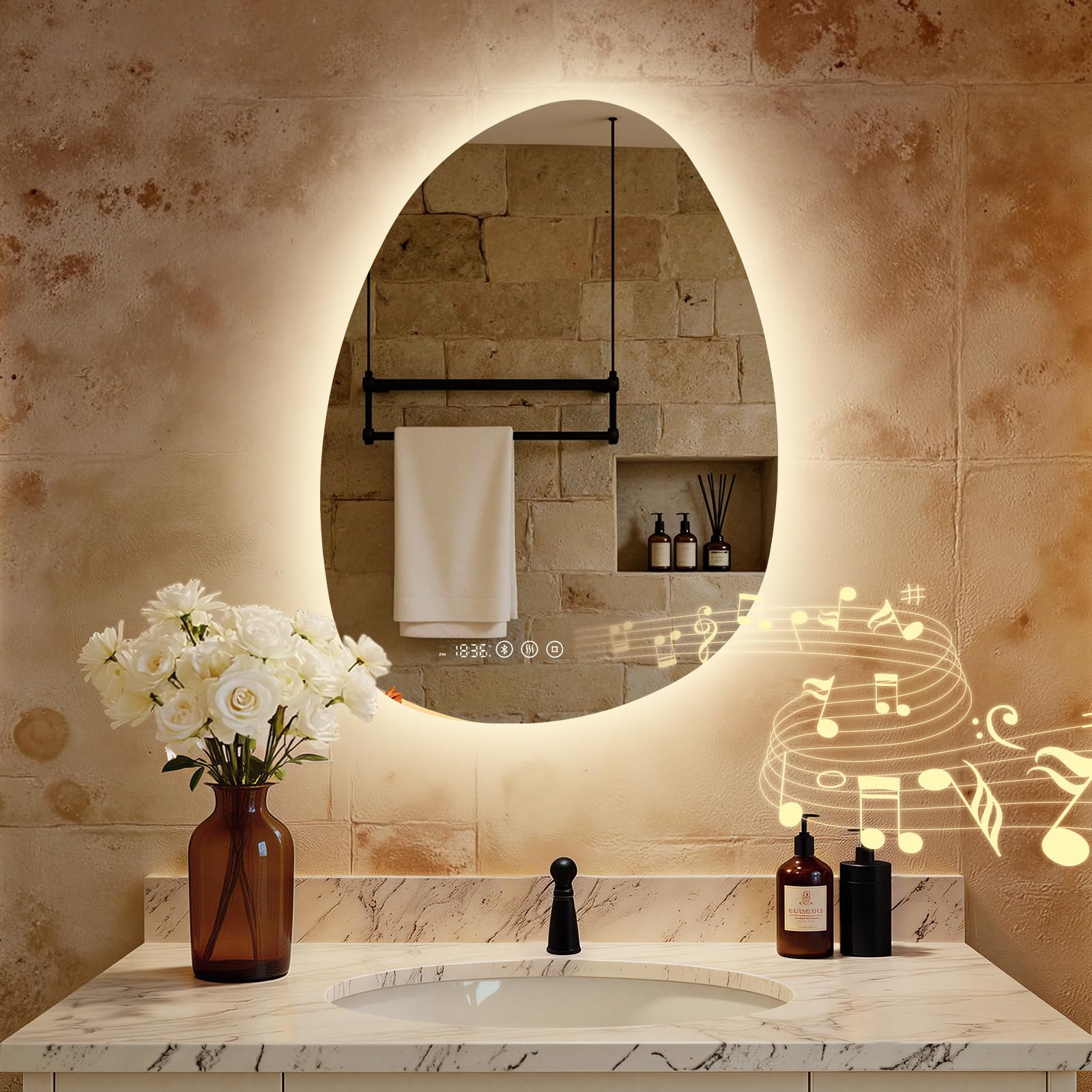 S'AFIELINA Specchio Bagno con Luce LED Asimmetrico 75x55 cm Bluetooth | Specchio LED Bagno Retroilluminato, Antiappannamento, Touch,3 Colori di Luce, Dimmerabile, Orologio Integrato