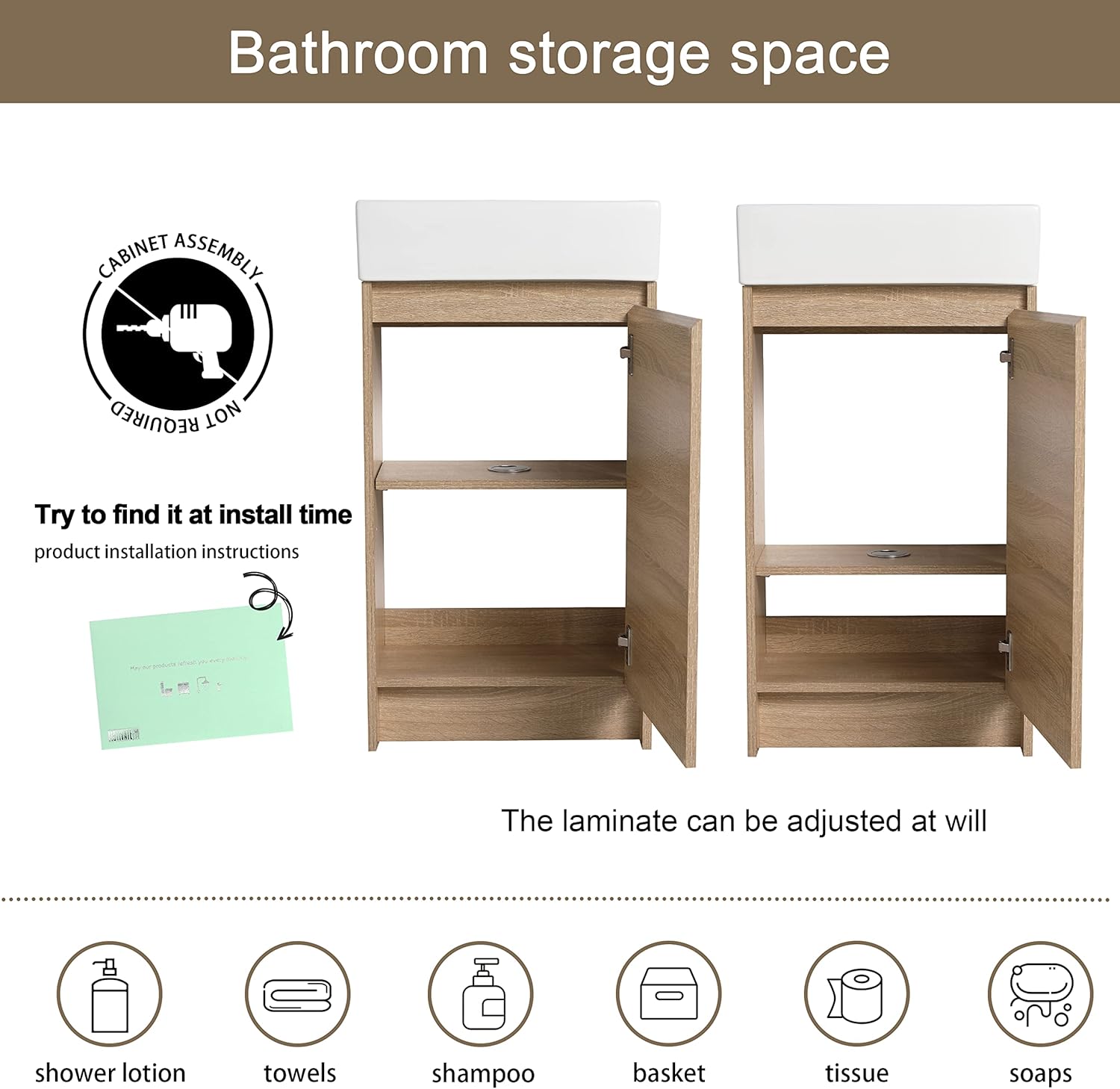 Malwee 18 Inch Bathroom Vanity with Sink Combo, Modern Freestanding Bathroom Sink Cabinet for Small Space, Floor Stand Bathroom Storage Vanity Cabinet with Single Ceramic Basin, Brown(031-18)