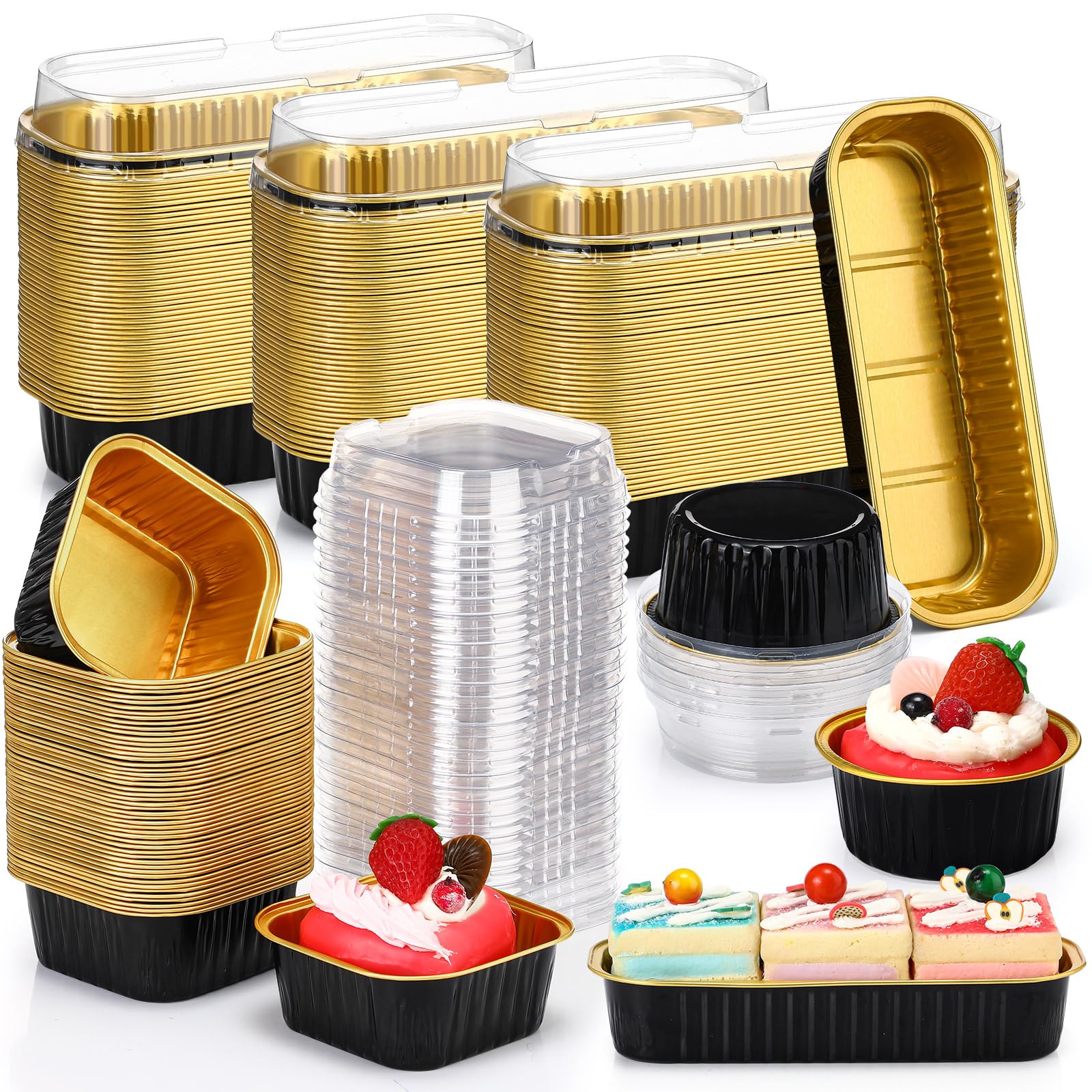 Rtteri 150 Pcs Mini Cake Pans with Lids Disposable Ramekins 6.8 oz 5 oz Aluminum Foil Cupcake Baking Cups, Rectangle Round Square Cupcake Liners Cake Tins for Flan Muffin Dessert Party Favors (Black)