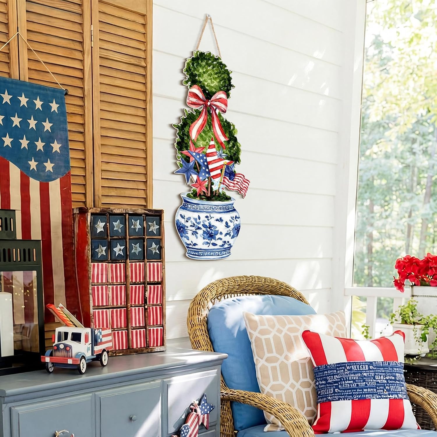 RattanView Independence Day Large Size Chinoiserie Bonsai Door Hanger Patriotic Topiary Wooden Sign Front Door Home Wreath Ornament for 250 Anniversary 4th of July Indoor Outdoor Yard Porch Decor