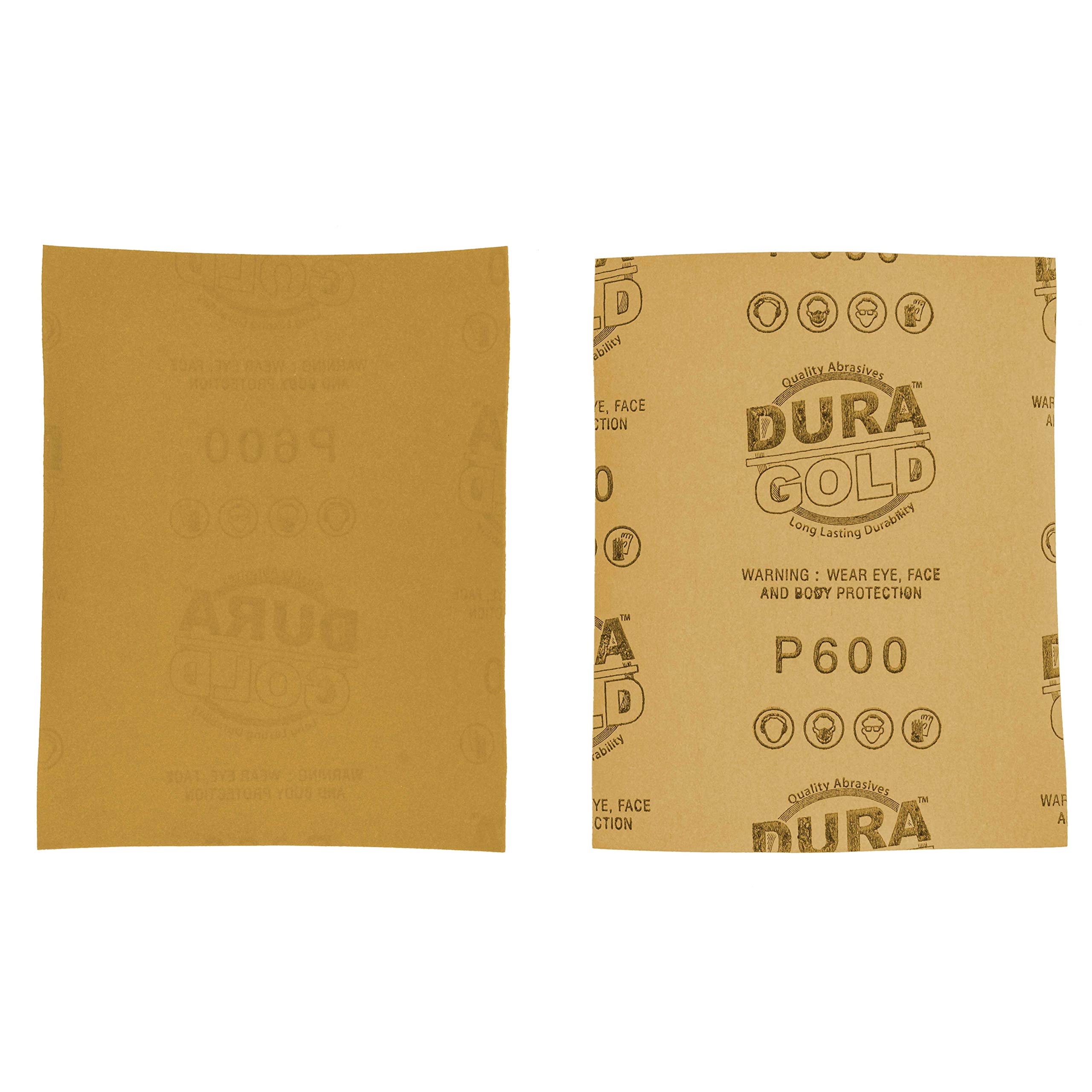Dura-Gold - Papel de lija de grano 600 dorado – 1/4 hoja de papel de lija liso 5.5" x 4.5" – para lijadoras de palma automotriz y carpintería – Caja de 400